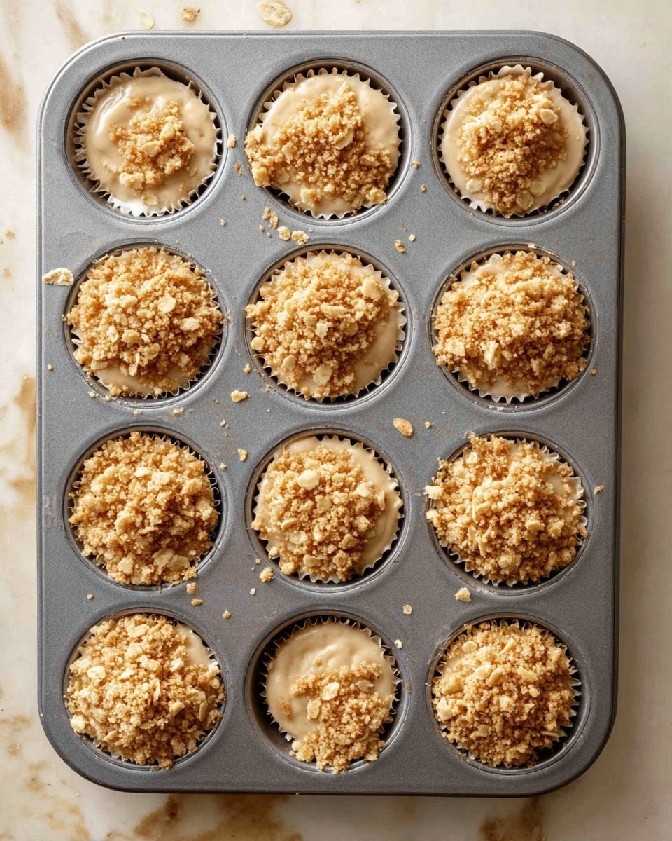A gray metal muffin tray with nine cups, five of them filled with a two-layer mixture. The bottom layer is smooth and pale beige, filling each cup about half full. On top of this layer is a crumbly topping made of golden brown oats and small chunks, spread unevenly over each filled cup. The tray sits on a white marbled surface with some crumbs scattered around it. photo taken with an iphone --ar 4:5 --v 7
