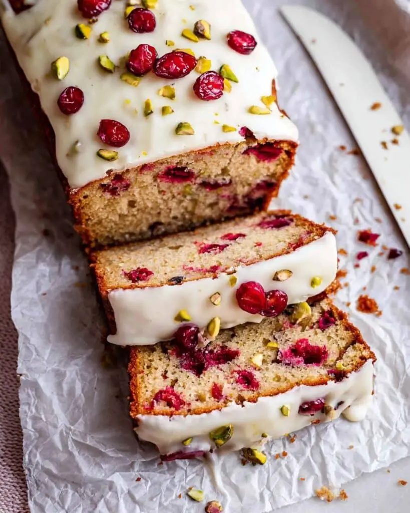 Cranberry Banana Bread with White Chocolate Glaze and Pistachios Recipe