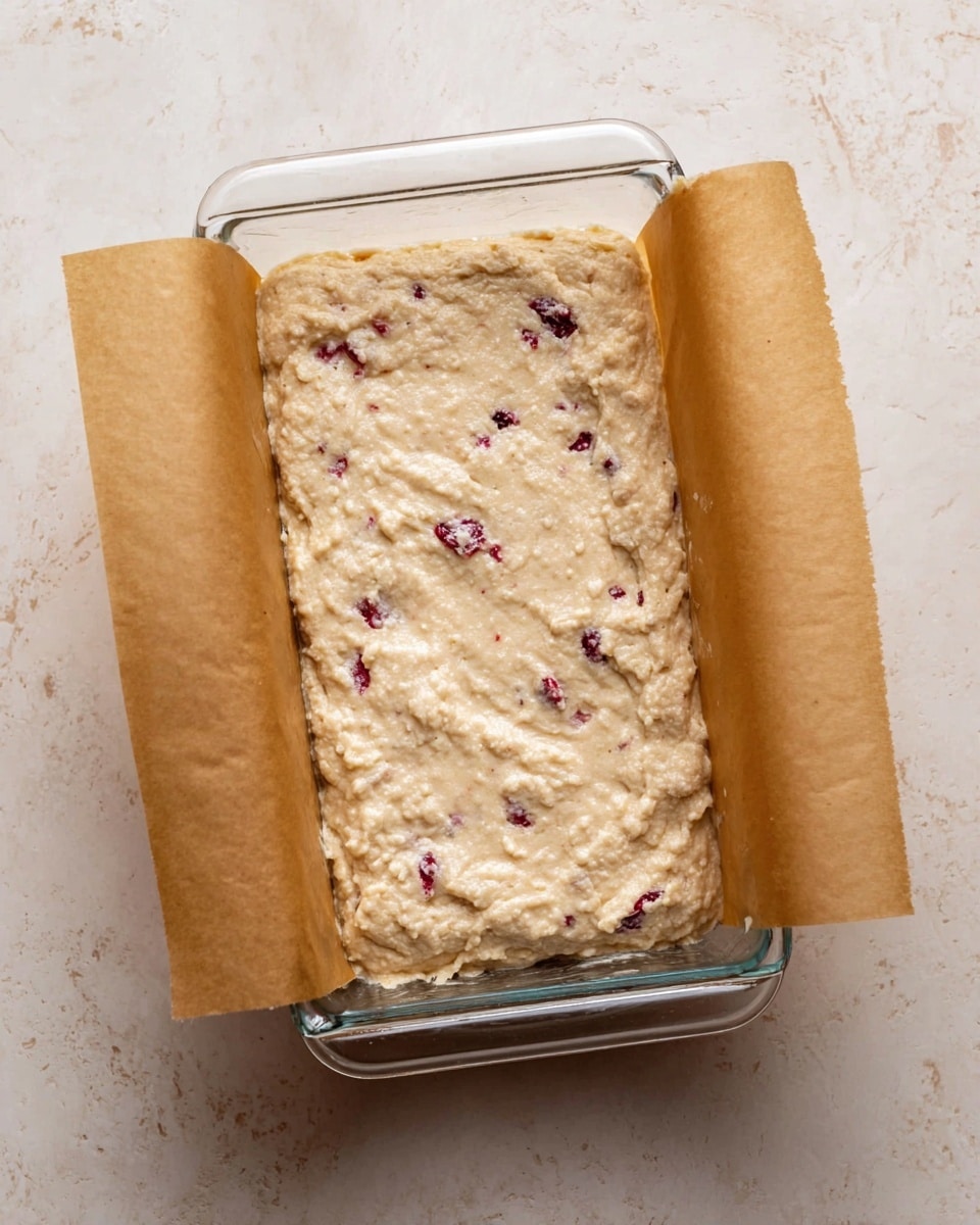 A clear glass rectangular baking dish lined with brown parchment paper holds one thick layer of light beige batter with a slightly rough texture. Small dark red bits are scattered evenly throughout the batter, creating contrast against the pale surface. The parchment paper flaps extend out on both sides of the dish. The dish is placed on a white marbled surface. photo taken with an iphone --ar 4:5 --v 7