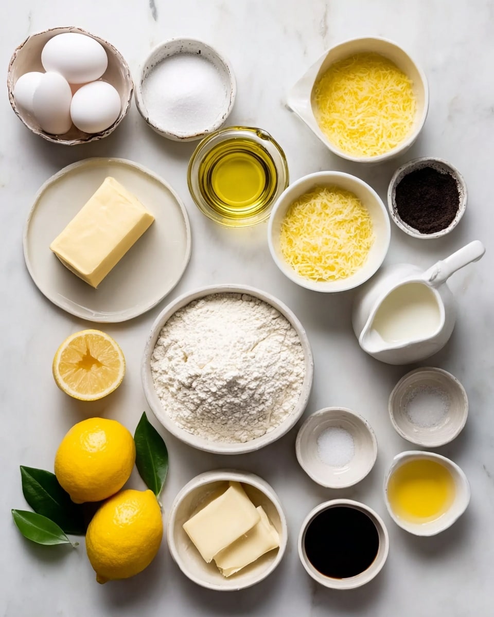 The image shows several small bowls and plates arranged neatly on a white marbled surface. There are three white eggs in a small white bowl on the top left, a pile of white sugar in a small white bowl next to it, and a yellow bowl with grated lemon zest. Below, there is a white bowl with a mound of white flour in the middle. To the left is a white plate with a block of butter and below it, two whole lemons, one cut in half with a few green leaves. On the right side, there is a glass cup with olive oil, a small white pitcher with milk, a small white bowl with white sugar, a small bowl with dark paste, and multiple small bowls with ingredients like egg yolks, a block of butter, egg white, and granulated sugar, all placed evenly across the scene. Photo taken with an iphone --ar 4:5 --v 7