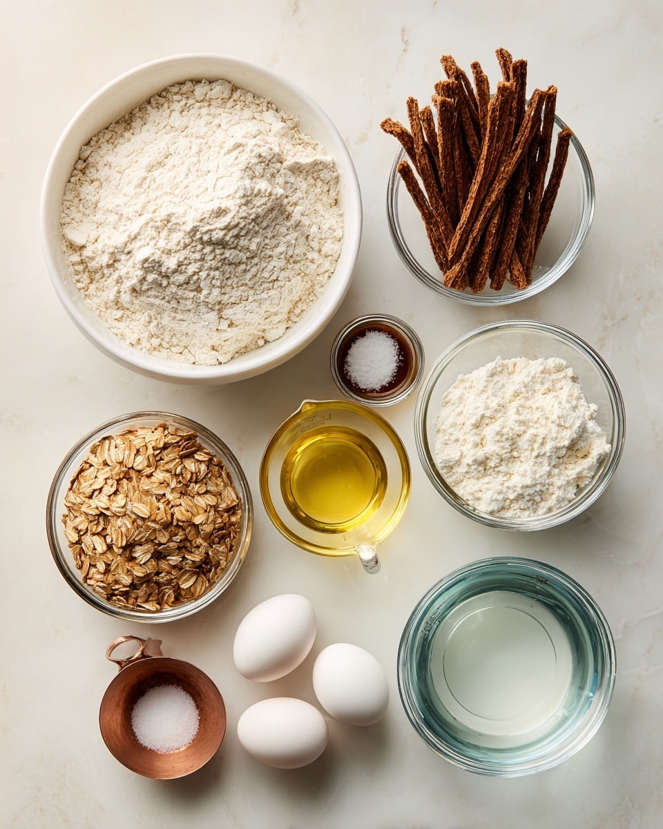 The image shows a collection of cooking ingredients placed on a white marbled surface. At the top left, there is a large white bowl filled with a light, powdery white flour. To the right, a clear glass measuring cup holds dark brown bran sticks labeled as All-Bran. Below that, another clear glass measuring cup contains light brown bran flakes. Near the center, there is a transparent glass measuring cup filled with light yellow neutral oil. Next to it, on the right, there is a glass measuring cup with white buttermilk. On the bottom right, another clear glass measuring cup contains clear water. At the bottom left, two white eggs are placed next to a small white bowl holding white baking soda and salt. Above the eggs, a copper measuring cup is filled with white granulated sugar. Lastly, a small glass jar containing a dark brown vanilla liquid sits between the flour and the bran flakes. Each ingredient has a clean, simple look with clear labels, and the overall setup is bright and neat. photo taken with an iphone --ar 4:5 --v 7