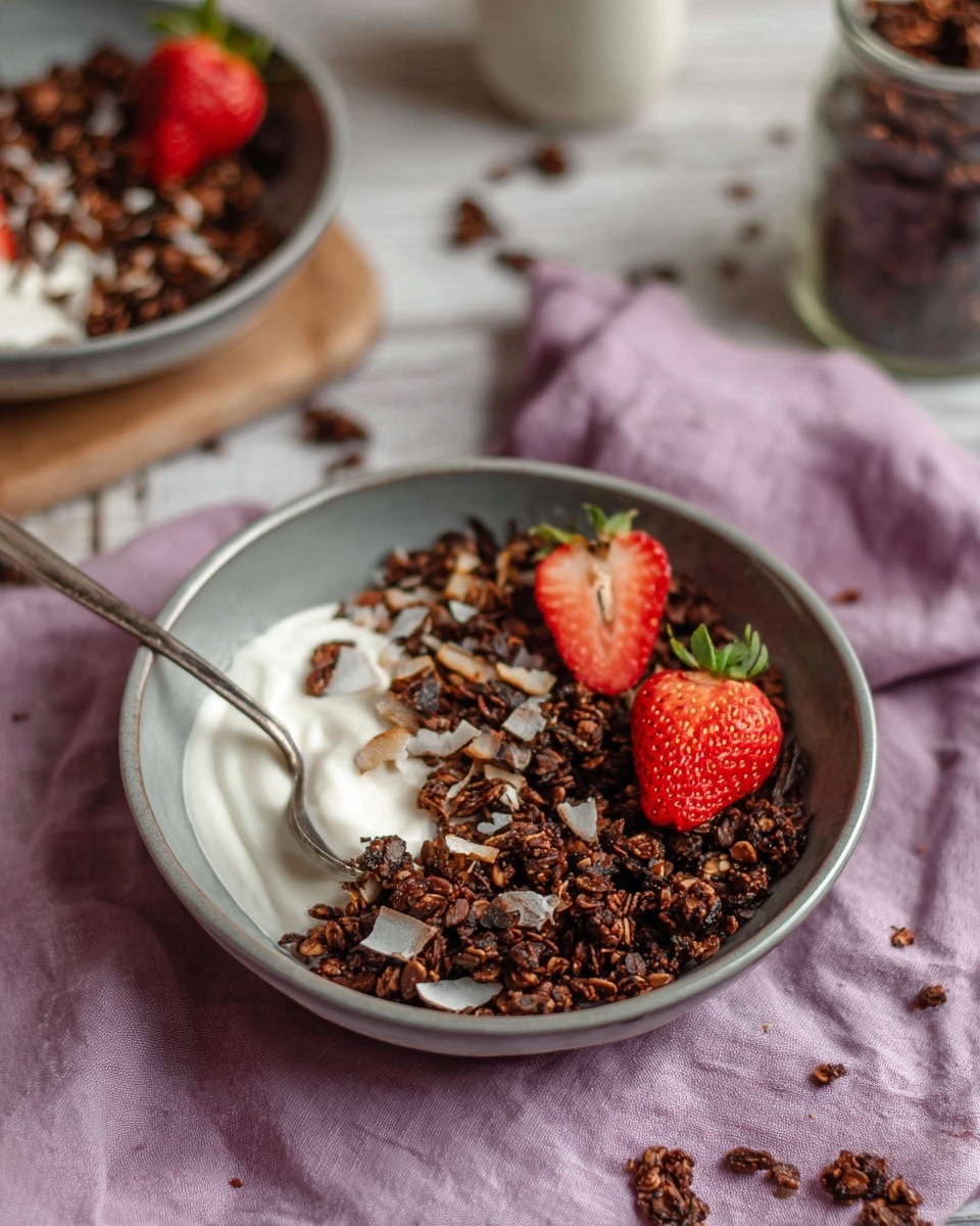 A gray bowl holds three main layers: a base layer of white creamy yogurt sits at the bottom left edge, topped by a thick layer of dark brown granola with visible small oats and chocolate pieces covering most of the bowl. Two bright red strawberries, one whole and one cut in half showing the inside, rest on top of the granola, adding a fresh accent. There are white coconut flakes scattered on the granola, adding texture and contrast. A silver spoon sits partially in the bowl on the left side, resting on the yogurt layer. The bowl is placed on a soft purple cloth over a light wooden surface, with some granola crumbs scattered around. In the background, there is a white marbled surface blurry with another similar bowl and a small jar. Photo taken with an iphone --ar 4:5 --v 7