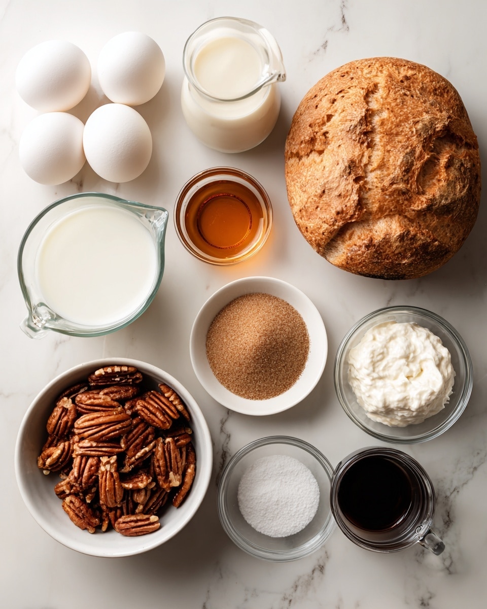 The image shows an overhead view of various ingredients neatly arranged on a white marbled surface. There are four white eggs grouped together on the left side. Above them is a clear glass measuring cup filled with milk. A small glass container with a light brown liquid labeled bourbon sits near the center. To the right is a large loaf of crusty golden-brown bread with a textured surface. Below the bourbon is a white bowl full of pecans, their brown shells textured and irregular. Nearby there is a white bowl filled with brown sugar that looks soft and crumbly. A small round dish holds a small amount of cinnamon and white sugar. Another clear glass measuring cup, filled with heavy whipping cream, is placed nearby. Lastly, a small glass container with dark vanilla liquid sits at the bottom center, completing the layout. The whole arrangement is clean and bright, highlighting each ingredient clearly, photo taken with an iphone --ar 4:5 --v 7