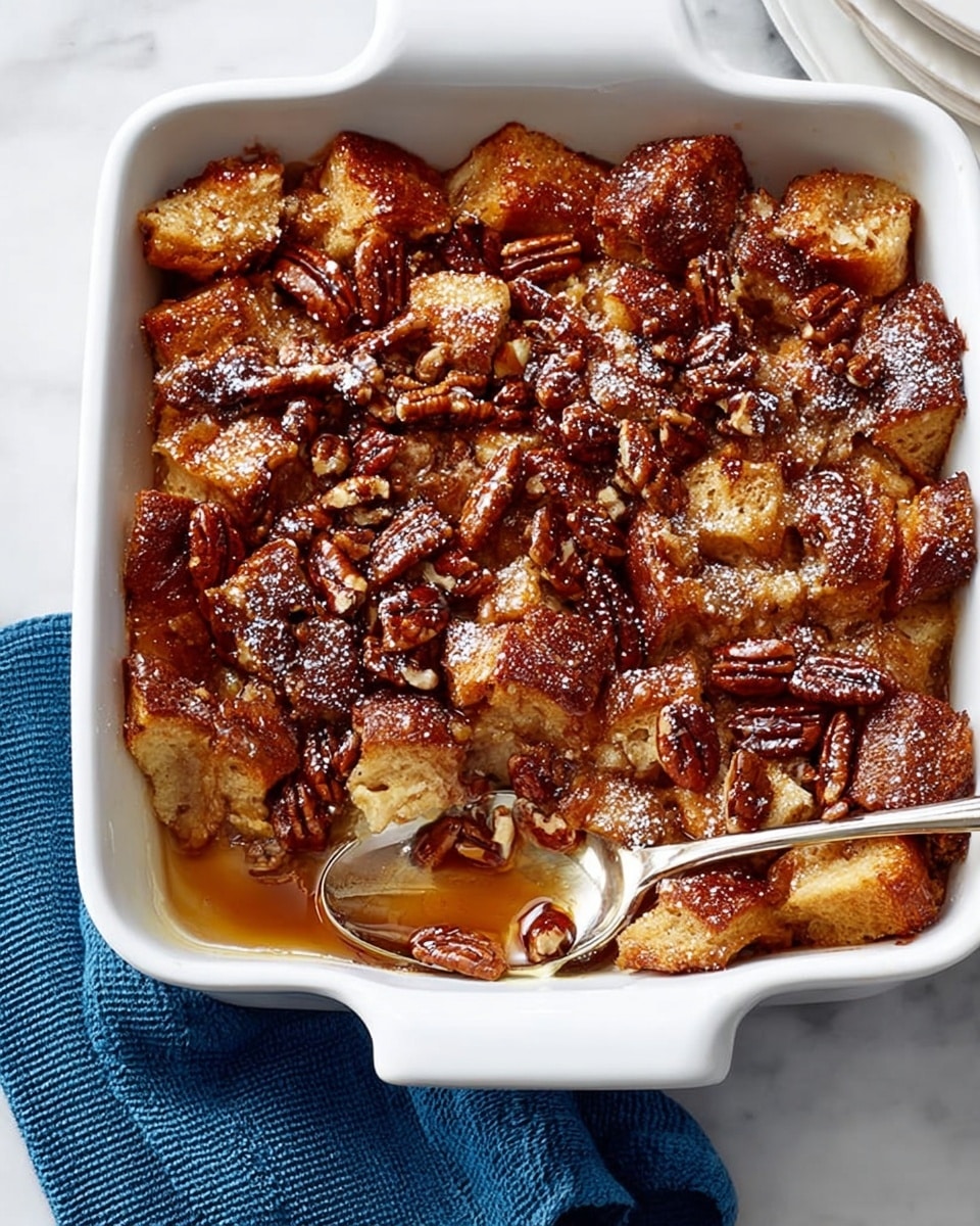 A white square baking dish is filled with a bread pudding made of light brown toasted bread cubes mixed evenly with glossy, dark brown pecans layered on top. The pudding is coated with a shiny caramel sauce that glistens, and a light dusting of powdered sugar is sprinkled over the surface, adding a soft white contrast. A silver spoon rests inside one corner of the dish, showing some of the smooth syrup. The dish is placed on a white marbled surface with a folded blue cloth partially visible at the bottom. Photo taken with an iphone --ar 4:5 --v 7