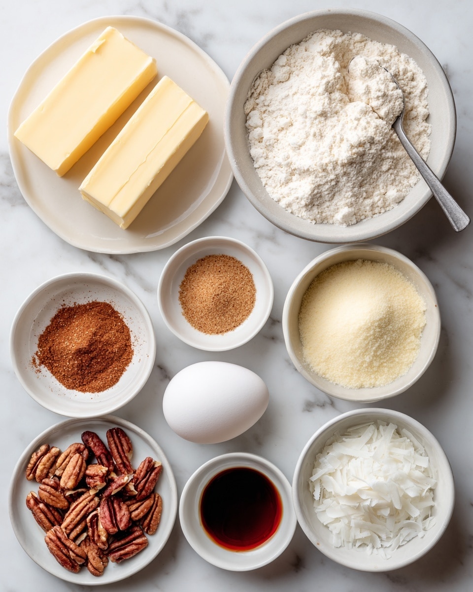 The image shows several small white bowls and a white plate arranged on a white marbled surface. On the top left, a white plate holds two blocks of light yellow butter, one large and one smaller. To the right, a large white bowl is full of white flour with a small scoop taken out. Below, there are white bowls containing different ingredients: one with light brown sugar, one with white sugar, one with a mix of light brown and red spices, one with dark brown vanilla liquid, one with dark brown pecans, and one with white flaked coconut. In the middle of the setup, a single white egg is placed directly on the marbled surface. The arrangement is neat, showing clear textures and colors of each ingredient. Photo taken with an iphone --ar 4:5 --v 7