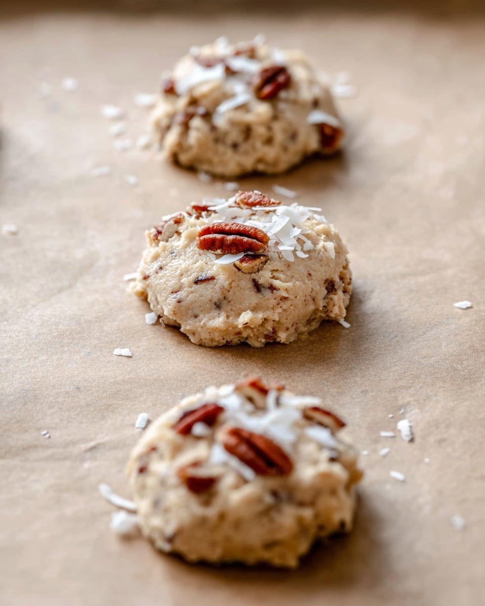 Three round cookie dough pieces sit spaced on light brown baking paper over a white marbled surface. Each cookie dough piece is light beige with a rough, chunky texture and contains small nut bits inside. On top of every cookie dough piece, there are scattered darker brown pecan nut pieces and thin, white coconut flakes. The image has a soft focus background with the closest cookie slightly out of focus and the middle cookie in sharp focus. Photo taken with an iphone --ar 4:5 --v 7
