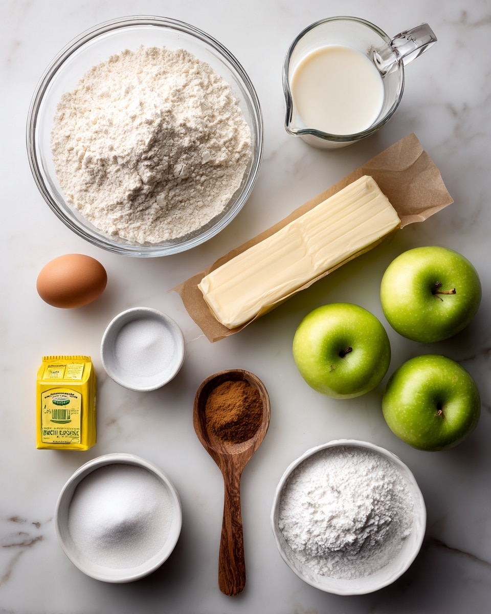 The image shows baking ingredients neatly arranged on a white marbled surface. At the top left is a large clear bowl filled with white flour, next to it on the right is a glass measuring cup with milk. Below the milk, a stick of butter wrapped in paper lies horizontally. To the left and slightly below the butter is a small white bowl filled with white sugar. Below the bowl of sugar is a white egg, and to its right is a yellow packet of instant yeast. There is a wooden spoon filled with brown cinnamon powder to the right of the yeast. At the bottom left, a small white bowl holds white cornstarch. Next to it are three whole green apples placed closely together. On the bottom right, a large white bowl is filled with white powdered sugar. Each item is clearly labeled with simple text. Photo taken with an iphone --ar 4:5 --v 7