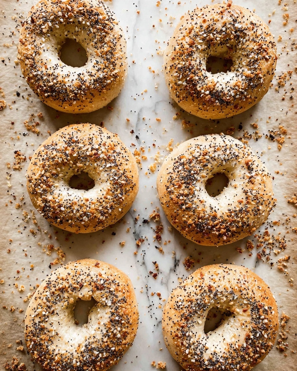 Six round bagels with a hole in the middle sit on a lightly browned baking paper. Each bagel is golden brown with a soft light beige texture and is topped with a mix of black, white, and toasted brown seeds and crumbs scattered over the surface and around the edges. The bagels appear evenly spaced in two rows of three over the paper. The background is a white marbled texture. photo taken with an iphone --ar 4:5 --v 7