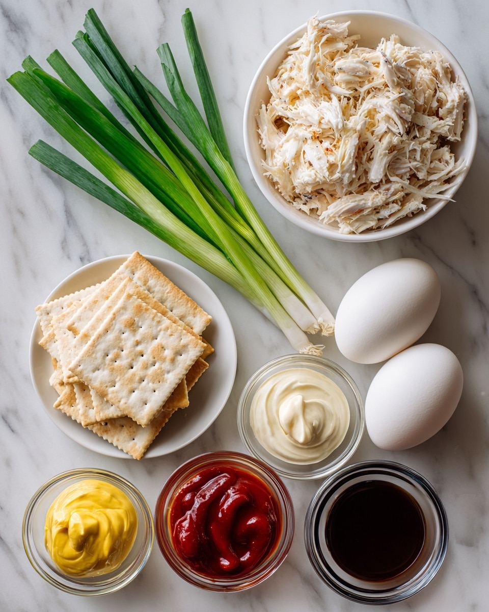 A collection of fresh ingredients is arranged neatly on a white marbled surface. On the top right, a bowl filled with light beige crab meat with soft, shredded texture, sits. To the left of the crab meat, several long, green scallions with white bulbs lie flat. Below the scallions, a small white plate holds a stack of square saltine crackers, pale and slightly crispy looking. To the right of the crackers, a single white egg rests on the marble. Below the egg and crackers, three small clear glass bowls contain thick white mayo, yellow dijon mustard with a smooth texture, and a dark brown Worcestershire sauce, respectively. Next to these, a small clear bowl holds bright red tabasco sauce, glossy and liquid. Photo taken with an iphone --ar 4:5 --v 7