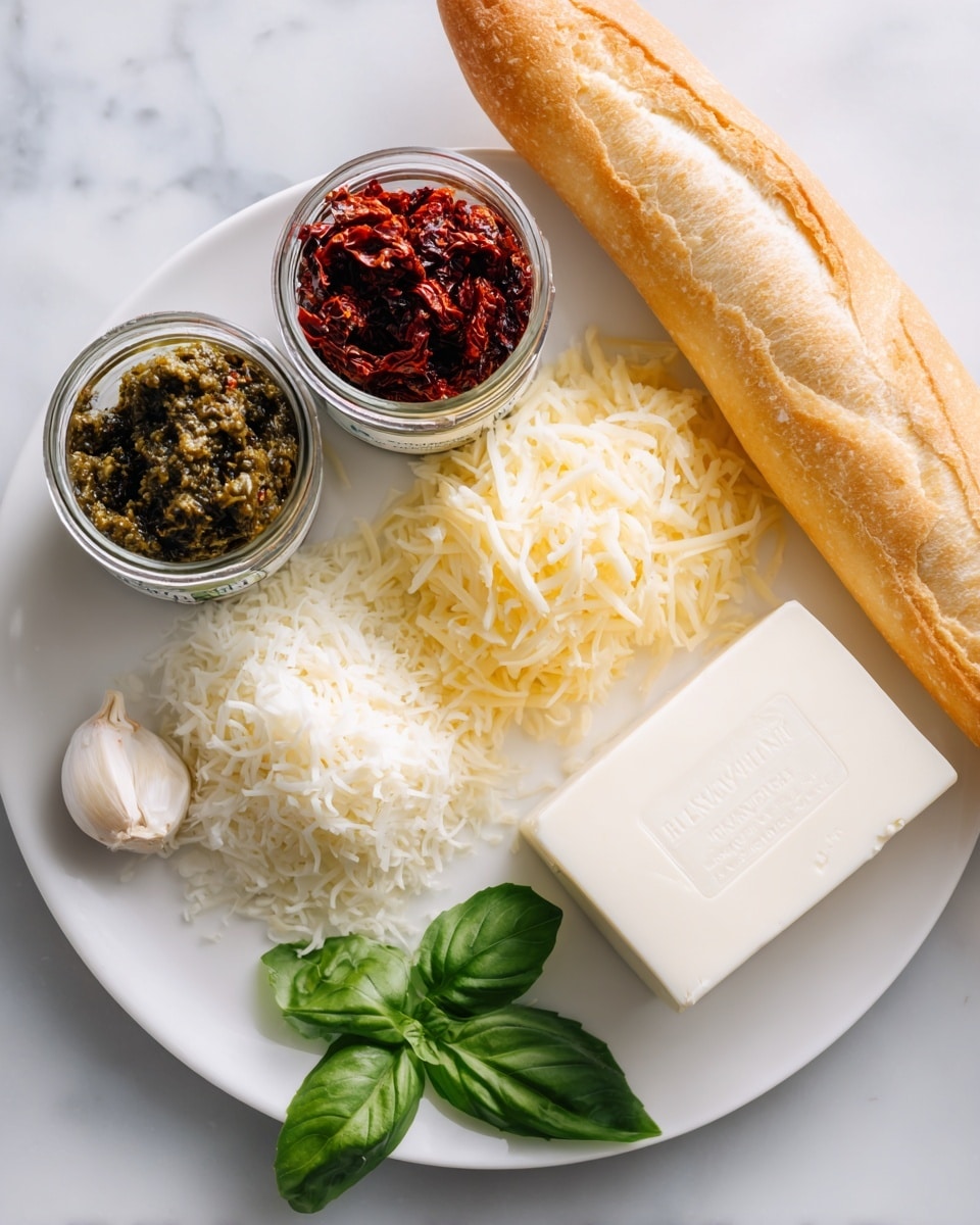 A white plate holds three ingredients arranged in a triangular shape: a large block of smooth cream cheese in the upper right, a fine heap of grated pale yellow parmesan cheese below it, and a pile of soft shredded mozzarella cheese to the left. Nearby on a white marbled surface, there are two small glass jars, one filled with dark red sun-dried tomatoes and the other with green pesto sauce, both with white and green labels. Fresh bright green basil leaves sit below the jars next to a small pale clove of garlic. To the right of all the ingredients is a long, light golden baguette with a slightly crispy texture. photo taken with an iphone --ar 4:5 --v 7