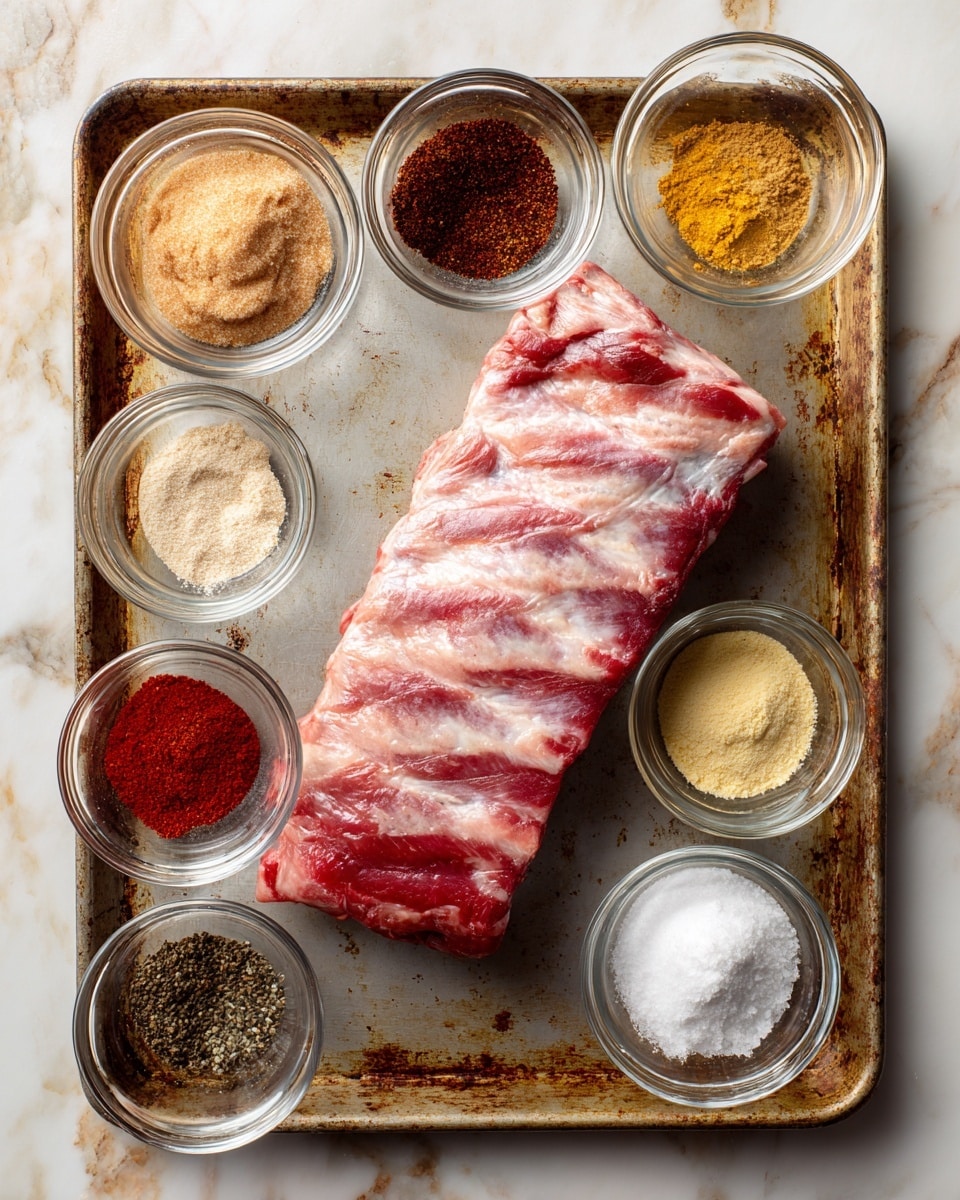 A large piece of raw baby back ribs with a pinkish-red color and white fat marbling lies diagonally on a worn baking tray. Surrounding the ribs are eight small clear glass bowls arranged around the edges of the tray, each holding different spices and powders: light brown brown sugar in the top left, dark brown Chinese five spice powder in the top center, red cayenne powder in the middle left, pale beige onion powder below the cayenne, light yellow ginger powder on the right side, white salt below the ginger, light tan garlic powder at the bottom center, and black pepper next to the salt on the right. The surface underneath the tray is a white marbled texture. Photo taken with an iphone --ar 4:5 --v 7
