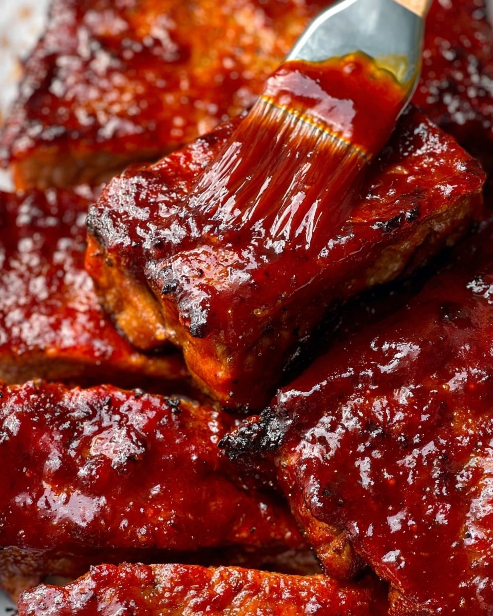 Close-up of several pieces of dark brown meat covered in shiny, thick red sauce. A brush is spreading sauce on the top piece, showing a shiny, sticky texture with some black charring spots. The pieces are layered closely together, filling the whole frame with rich, glossy sauce visible between them. The background is a white marbled texture. Photo taken with an iphone --ar 4:5 --v 7