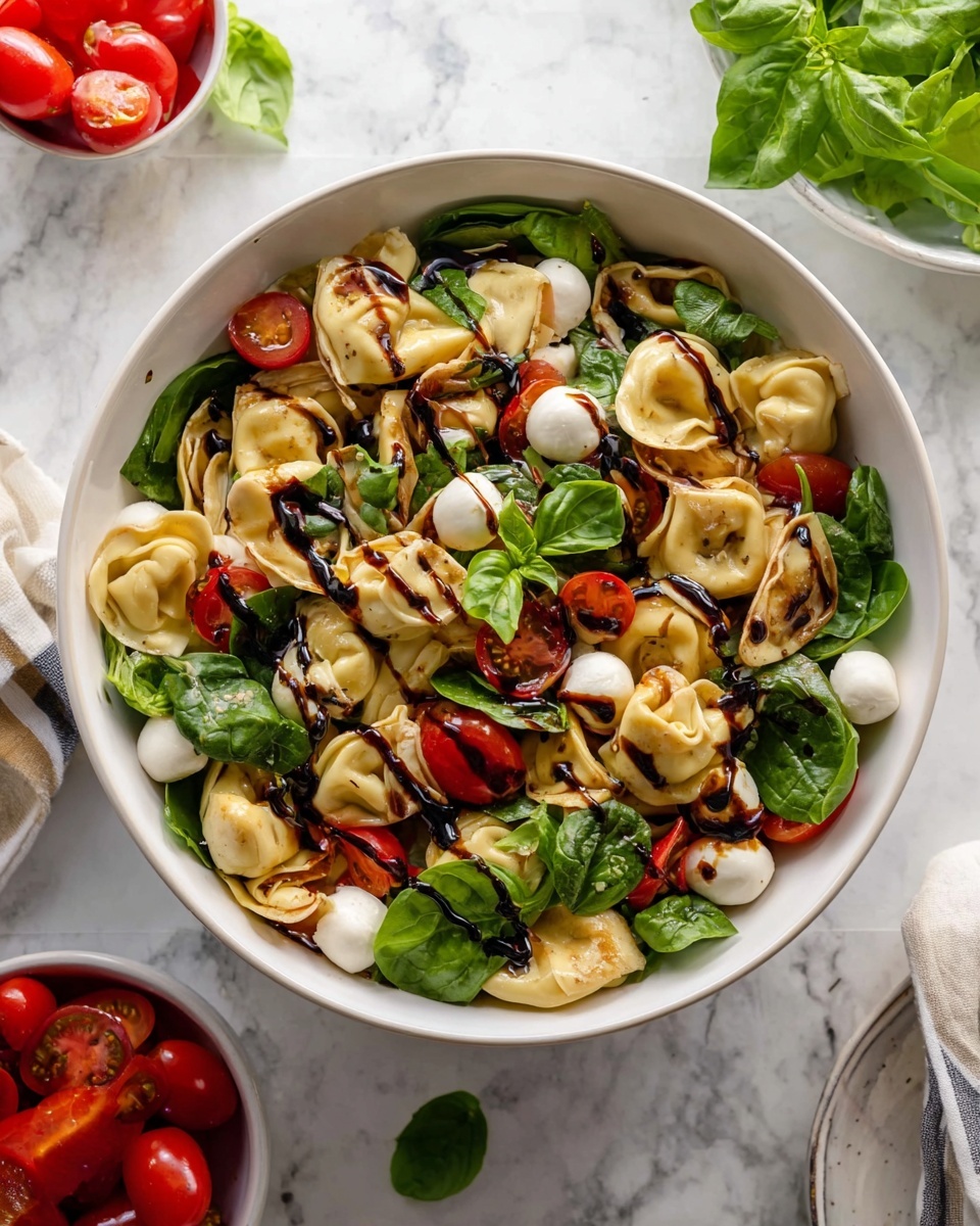 A white bowl filled with a colorful salad with four main layers: bright green fresh spinach leaves scattered throughout, soft beige tortellini pasta placed evenly in the bowl, juicy red grape tomato halves mixed in among the spinach and pasta, and small white mozzarella cheese balls spread on top and around the layers. The salad is drizzled with a dark balsamic glaze, creating thin lines across the ingredients. The bowl sits on a white marbled surface, with a small white bowl of cherry tomatoes and a small white plate with fresh basil nearby. Photo taken with an iphone --ar 4:5 --v 7