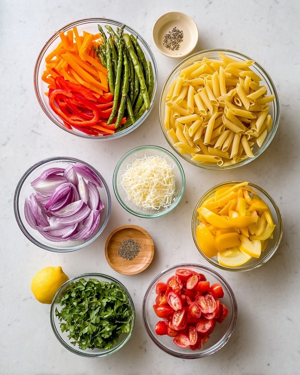 The image shows seven clear and white bowls on a white marbled surface, each bowl containing different fresh ingredients arranged neatly. In the top left large clear bowl, there are three layers of chopped vegetables: green asparagus at the back, thin orange carrot strips on the left, and red pepper strips on the right. To the right of that, a large clear bowl is filled with uncooked yellow penne pasta. Below the asparagus bowl is a medium clear bowl with thick purple onion slices. To the left of the onion, a small clear bowl holds fresh green cilantro leaves. Next to the cilantro is a small clear bowl filled with grated white cheese. In the bottom center area, a white bowl contains red grape tomatoes cut into halves. To the right of the tomatoes, a large clear bowl has sliced yellow squash pieces. Above the tomatoes, a tiny wooden bowl has mixed dry seasonings in light green, pale yellow, and white shades. Lastly, a half lemon rests on a small wooden coaster at the bottom left. The overall look is colorful, clean, and organized. photo taken with an iphone --ar 4:5 --v 7