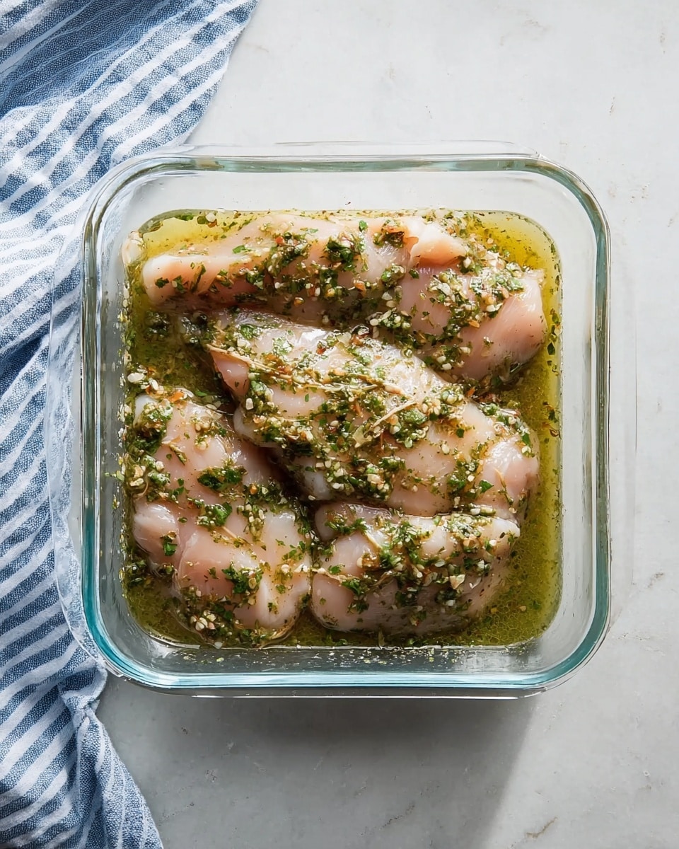 A clear glass baking dish sits on a white marbled surface. Inside, there are several pieces of raw light pink chicken laid flat in one layer. The chicken is covered in a green herb marinade, which looks oily and slightly thick with small bits of herbs spread evenly over the meat. To the left of the dish, there is a blue and white striped cloth partially visible. The lighting makes the colors of the chicken and marinade stand out clearly. photo taken with an iphone --ar 4:5 --v 7