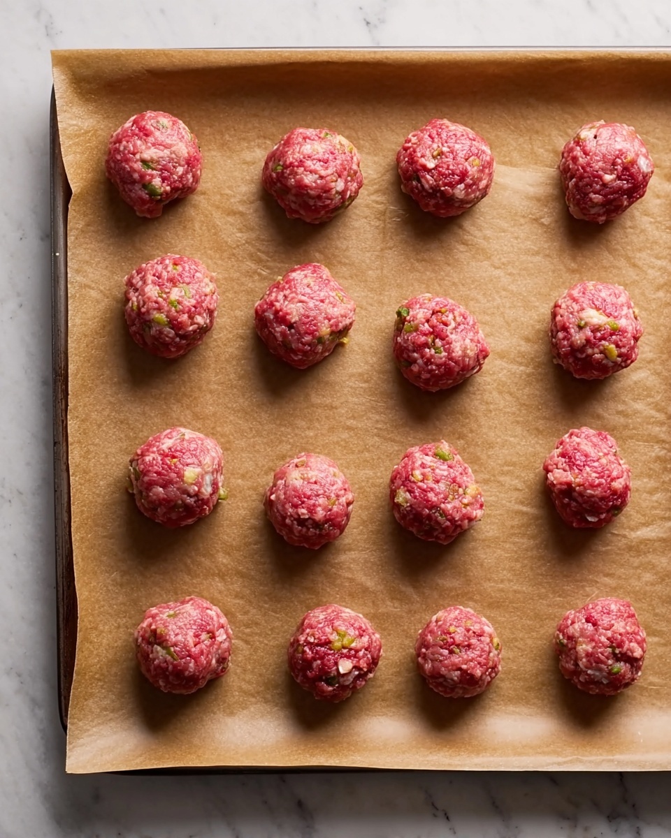 The image shows a baking tray covered with brown parchment paper holding fifteen raw meatballs evenly spaced in three rows. Each meatball is roughly round with a slightly rough texture, showing visible bits of white and green ingredients mixed in the pinkish-red meat. The tray rests on a white marbled surface, adding a clean and bright contrast to the scene. The meatballs look fresh and ready for cooking. photo taken with an iphone --ar 4:5 --v 7