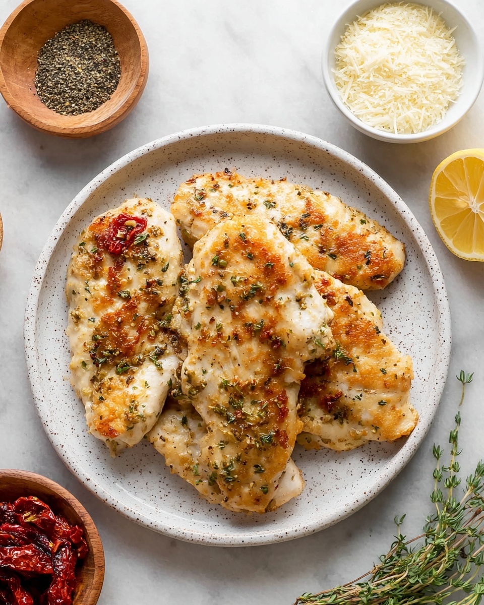 The image shows a white speckled plate with four pieces of cooked chicken arranged in a slightly overlapping way. The chicken pieces are light golden brown with a bit of crispy texture on the edges and a sprinkle of greenish herbs all over them. The plate sits on a white marbled surface with a small wooden bowl of black pepper and salt on the left, a small white bowl of grated cheese on the top right, half a lemon on the right, a bowl of dried red tomatoes at the bottom left, and some green thyme sprigs on the lower right side. Photo taken with an iphone --ar 4:5 --v 7