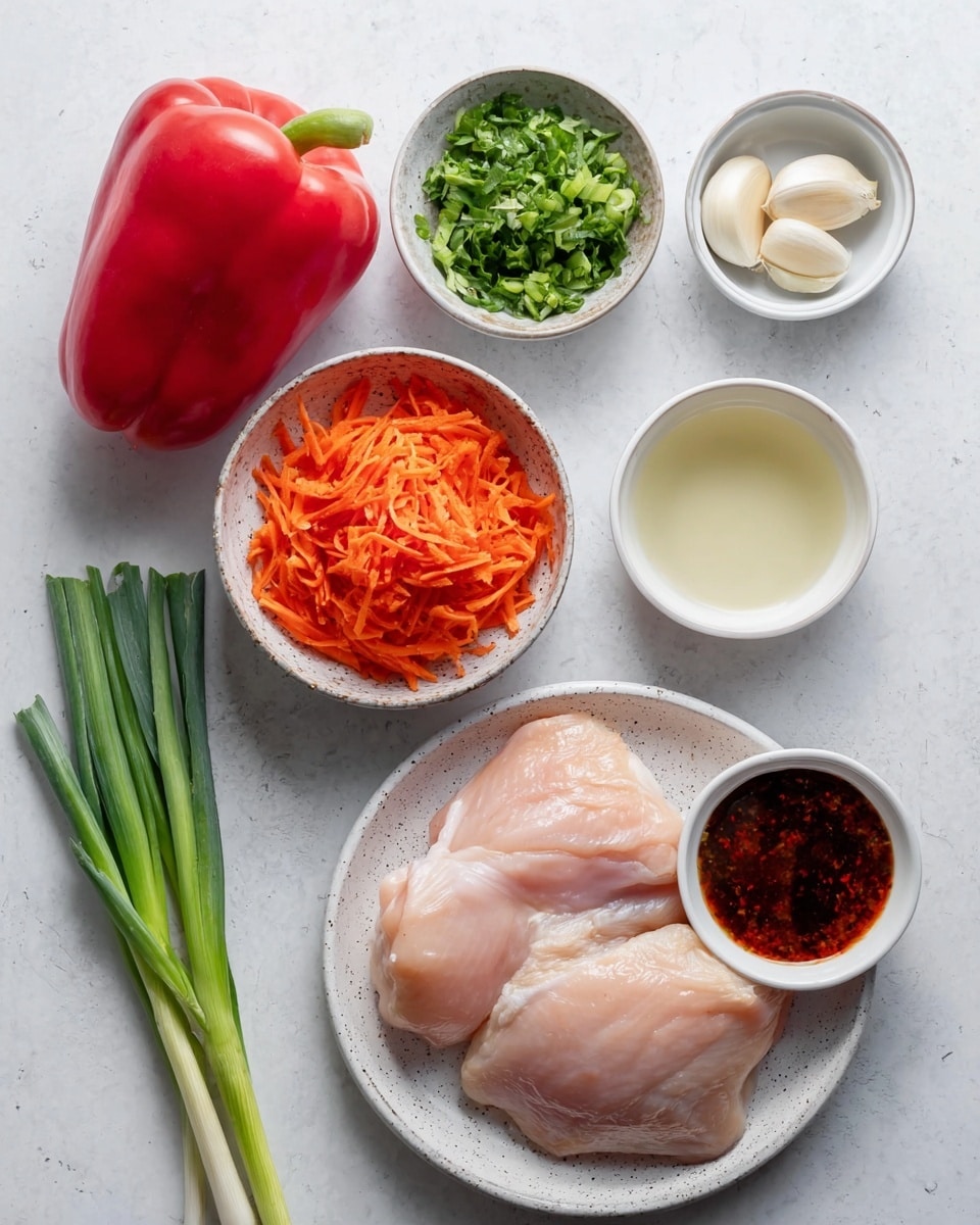 The image shows a top view of various raw ingredients placed on a white marbled surface. On the right side, there is a white speckled plate holding two large pieces of pale pink raw chicken. To the left of it, a whole shiny red bell pepper is positioned vertically. Above the pepper, a small white speckled bowl holds fresh green chopped herbs. Below the herbs, a small white bowl contains orange shredded carrots. Nearby, fresh green spring onions lie diagonally with their white ends pointing downwards. Small white bowls hold three peeled garlic cloves, a light yellow liquid, and a dark red thick sauce with oil separating on top. Finally, a small clear glass holds an off-white liquid. Photo taken with an iphone --ar 4:5 --v 7