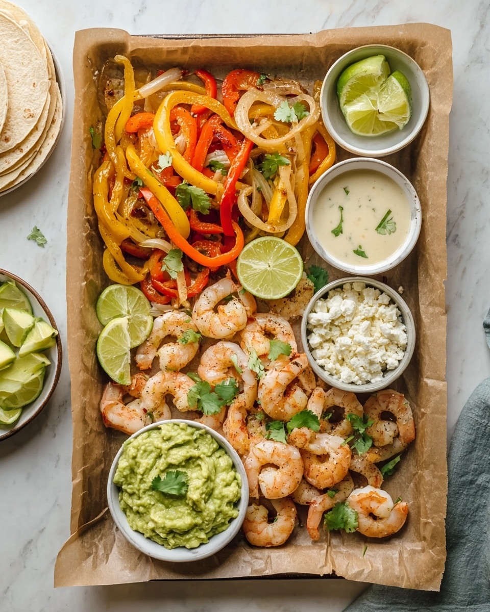 This dish is shown on a tray lined with brown parchment paper, placed on a white marbled surface. The food is arranged in three main layers: on the bottom right and center are plump pink shrimp with a slight orange tint, scattered with green cilantro leaves and small lime wedges; above this, towards the top left, are cooked yellow, red, and orange bell pepper strips mixed with translucent cooked onion rings, garnished with a few green cilantro leaves and lime pieces. There are three white bowls placed on the tray: one at the top right filled with crumbly white cheese, one in the middle left with smooth green guacamole, and one at the bottom right holding a light creamy sauce with tiny green zest bits on top. A small plate with lime wedges sits at the top edge of the tray, and beside the tray to the left is a white bowl with peeled avocado slices and a stack of tortillas below the tray. photo taken with an iphone --ar 4:5 --v 7