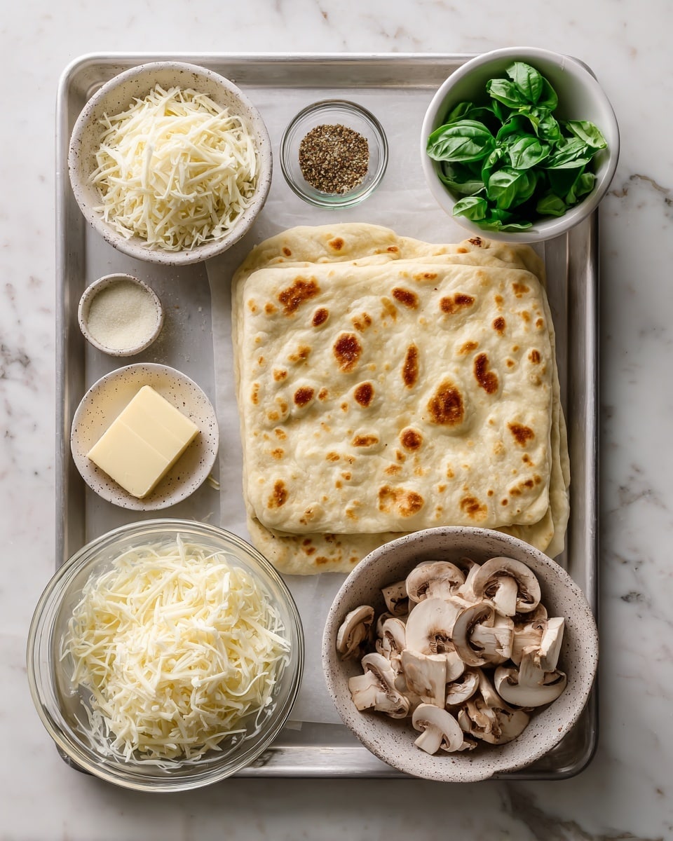 A baking tray holds a square flatbread with light brown spots across its pale surface, positioned diagonally from bottom left to top right. On the top right corner, a small white bowl with fresh green basil leaves adds a splash of bright color. On the bottom right side, there is a speckled white bowl filled with light brown sliced mushrooms. Below the flatbread, a clear bowl is filled with shredded white mozzarella cheese, and just to its left, another small speckled white bowl contains grated Parmesan cheese with a powdery texture. Above this Parmesan bowl, two small rectangular slices of pale yellow butter rest on the tray. A tiny clear bowl of mixed seasonings sits at the bottom right corner of the tray. The whole scene is set on a white marbled surface. photo taken with an iphone --ar 4:5 --v 7