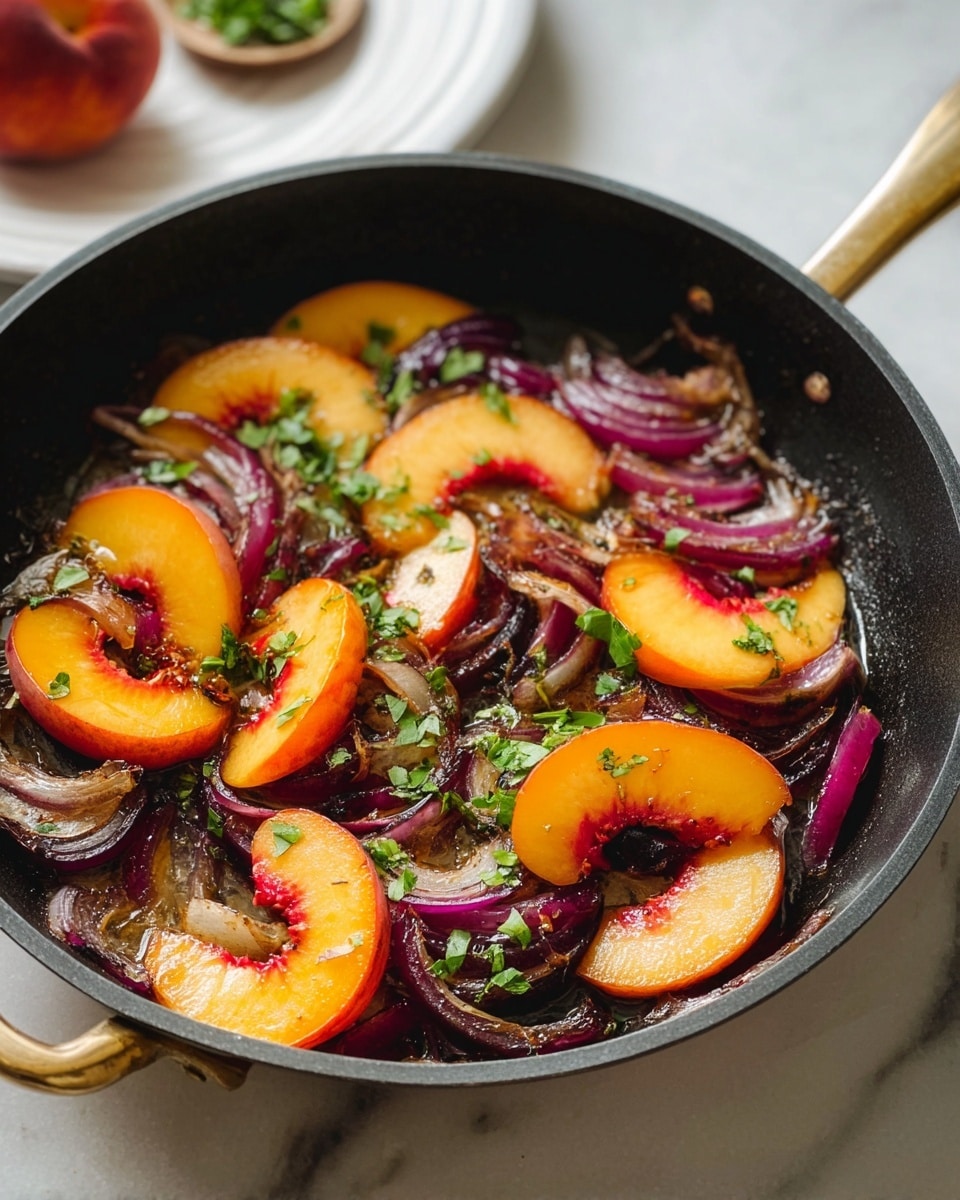 A black pan with a gold handle holds pieces of cooked purple onion scattered evenly, with slices of bright orange peach layered on top, some peach slices showing red around the pit, and bits of chopped green herbs sprinkled throughout. The pan rests on a white marbled surface, and a white plate with a whole peach is blurred in the background. Photo taken with an iphone --ar 4:5 --v 7