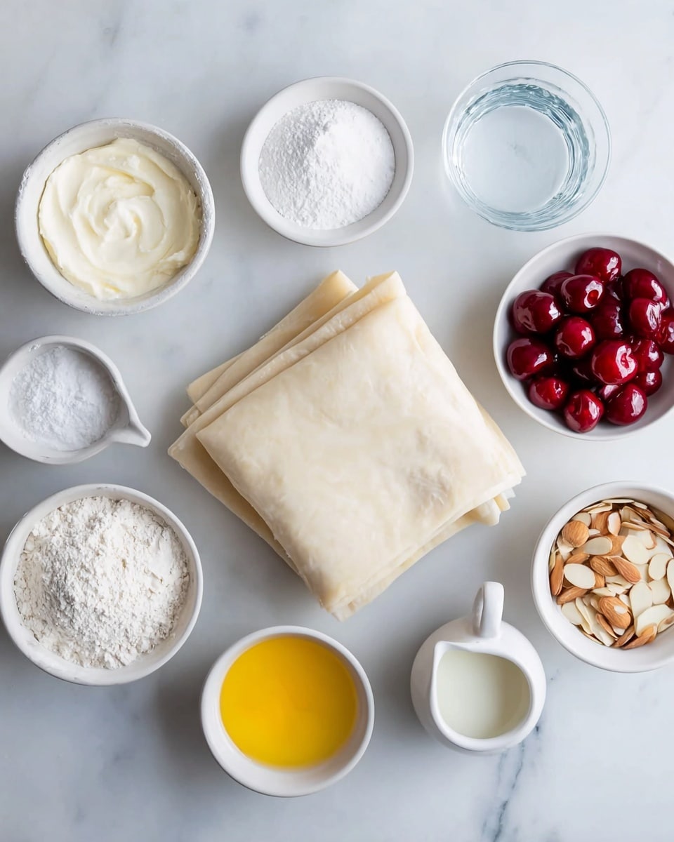 The image shows a white marbled surface with ingredients arranged around a folded stack of light beige dough sheets placed at the center. Surrounding the dough, there are eight small white bowls and pitchers. Starting from the top left, there is a bowl with smooth white cream cheese, next to it is a bowl of white powdered sugar, and a small glass container with clear liquid. On the right top side, a bowl filled with bright red cherries in a thick syrup contrasts with the lighter colors. On the bottom right, a bowl with a yellow beaten egg sits beside a small bowl containing light brown sliced almonds. At the bottom left, a bowl of white powder (likely powdered sugar or flour) is next to a small white pitcher holding white milk. The layout is neat, with each ingredient clear and distinct. Photo taken with an iphone --ar 4:5 --v 7