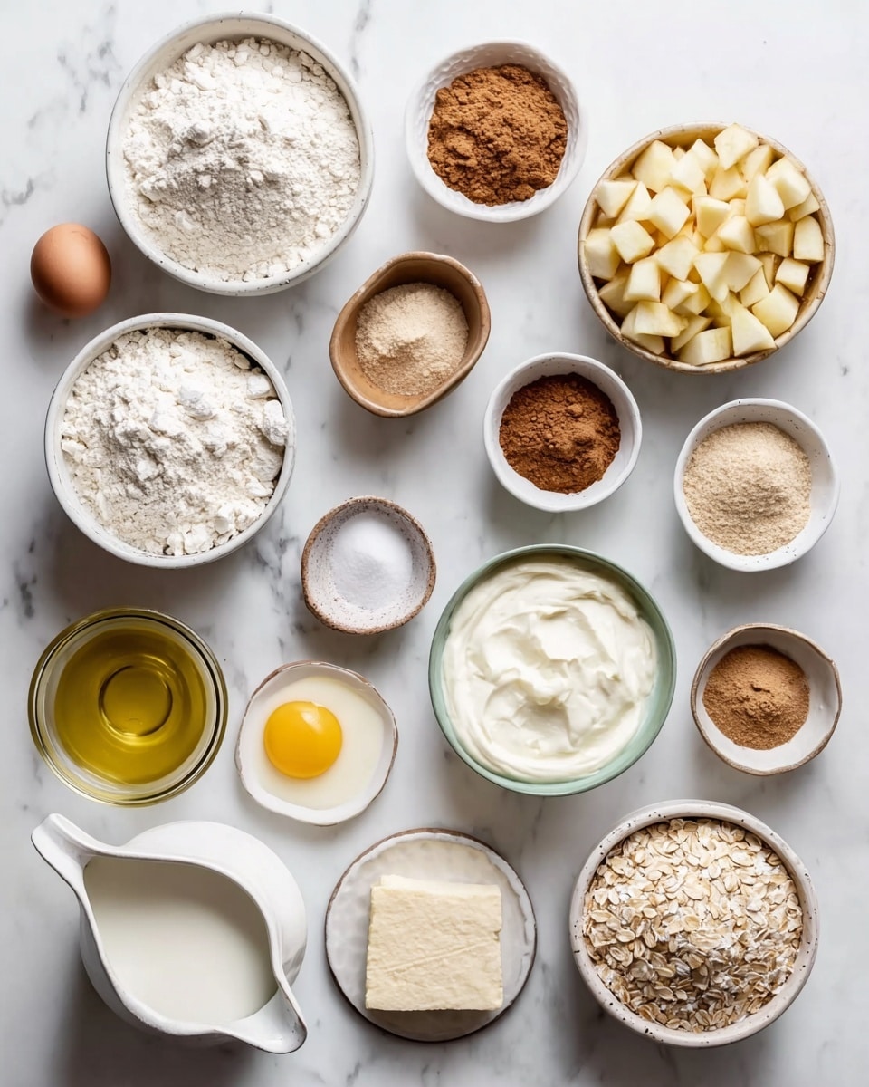 The image shows multiple small white bowls and dishes arranged neatly on a white marbled surface, each containing different baking ingredients. There are two large white bowls with flour, one at the top left and another near the bottom center. A white bowl filled with cubed apples is on the right side. Smaller bowls hold cinnamon, salt, brown sugar, oats, baking soda, baking powder, and ginger powder, along with a medium bowl of creamy yogurt in the center. There are also two small gold bowls with melted butter and a glass cup of oil on the left. A white jug with milk and a single egg resting on a small white dish complete the setup. The overall scene is clean and bright. photo taken with an iphone --ar 4:5 --v 7
