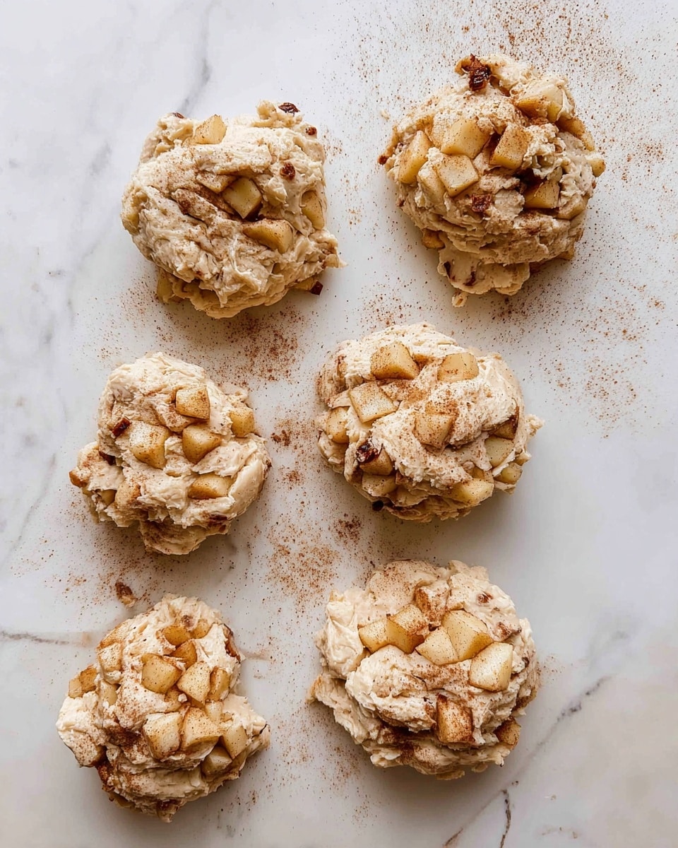 The image shows six rough, uneven dough clusters placed on a white marbled surface, each with pieces of golden brown cooked apple mixed inside. The dough is light beige with a slightly lumpy and soft texture, swirled with darker cinnamon spots. The apple chunks are small to medium, warmly golden with a soft, cooked appearance, scattered throughout the dough clusters. Some cinnamon powder is sprinkled around the clusters on the surface, creating a lightly speckled look. Overall, the dough pieces look rustic and ready to bake, with a warm, cozy color palette. photo taken with an iphone --ar 4:5 --v 7