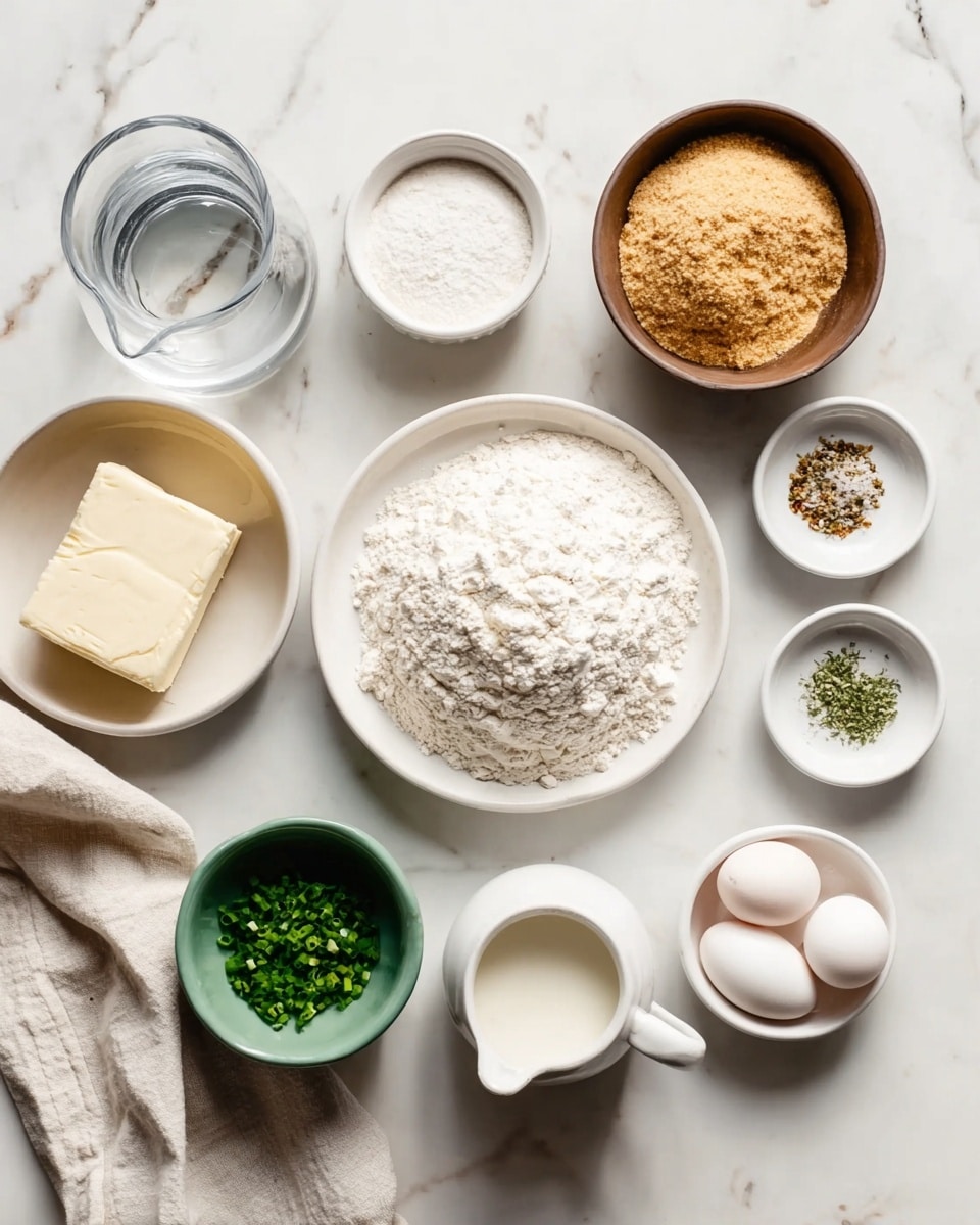 The image shows multiple small white bowls and one white plate arranged neatly on a white marbled surface. From the top left, there is a clear glass jug filled with water, followed by a small white bowl containing dry yeast, a brown bowl filled with light brown sugar, and a larger white bowl heaped with white flour in the center. Below the flour bowl is a white plate with a block of cream cheese, next to it is a small white pitcher with cream or milk. To the bottom left, there is a green bowl with chopped green herbs, and a light beige cloth is partially seen near it. On the right side, there are three small white bowls arranged vertically containing salt, baking powder, and an everything bagel seasoning mix. Finally, a white bowl with two cracked eggs is placed on the bottom right side. Photo taken with an iphone --ar 4:5 --v 7