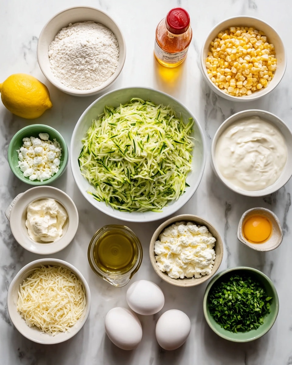 A white bowl filled with shredded green zucchini sits on a white marbled surface surrounded by smaller white and green bowls containing various ingredients: white flour, corn kernels, chopped green onions, crumbled white cheese, minced garlic, minced ginger, two raw eggs in a white bowl, creamy mayonnaise, sour cream, chopped fresh herbs, a halved lemon with bright yellow flesh, a small glass pitcher filled with golden olive oil, and a bottle of hot sauce with a red cap. The bowls are neatly arranged in a scattered but organized layout, showing different textures and colors like white, green, yellow, and creamy tones. photo taken with an iphone --ar 4:5 --v 7