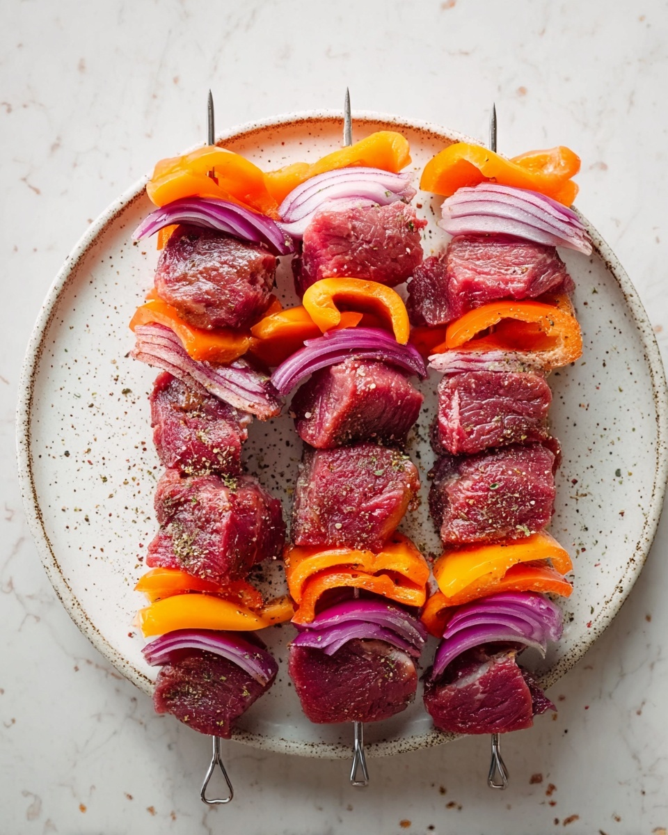 Four metal skewers each hold layers of raw red meat, thick slices of bright orange bell pepper, and curved wedges of purple onion, arranged alternately. The meat looks marinated with specks of seasoning visible on its surface. The skewers rest on a round white plate with a speckled pattern, placed on a white marbled surface. The colors of the raw meat, orange peppers, and purple onions create a vibrant contrast, and the texture of the meat appears tender and slightly moist. photo taken with an iphone --ar 4:5 --v 7