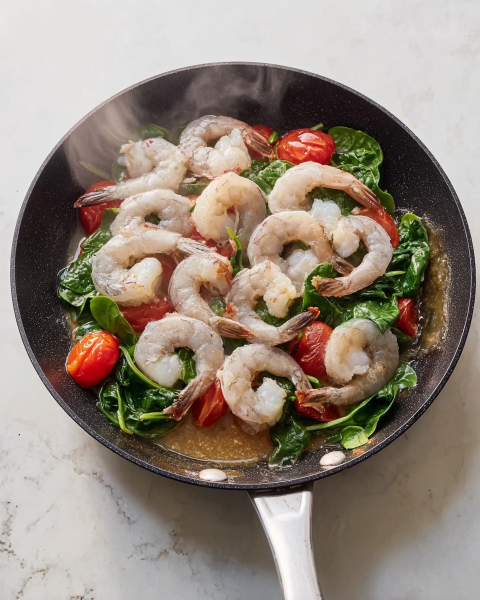 Tomato Spinach Shrimp Pasta Recipe 5 A black frying pan with a white handle sits on a white marbled surface, filled with three layers of ingredients: the bottom layer has red cherry tomatoes and green spinach leaves, the middle layer is a light brown sauce, and the top layer is raw greyish-white shrimp arranged evenly, some with their tails curled. Steam rises gently from the pan, showing the food is warm. Photo taken with an iphone --ar 4:5 --v 7