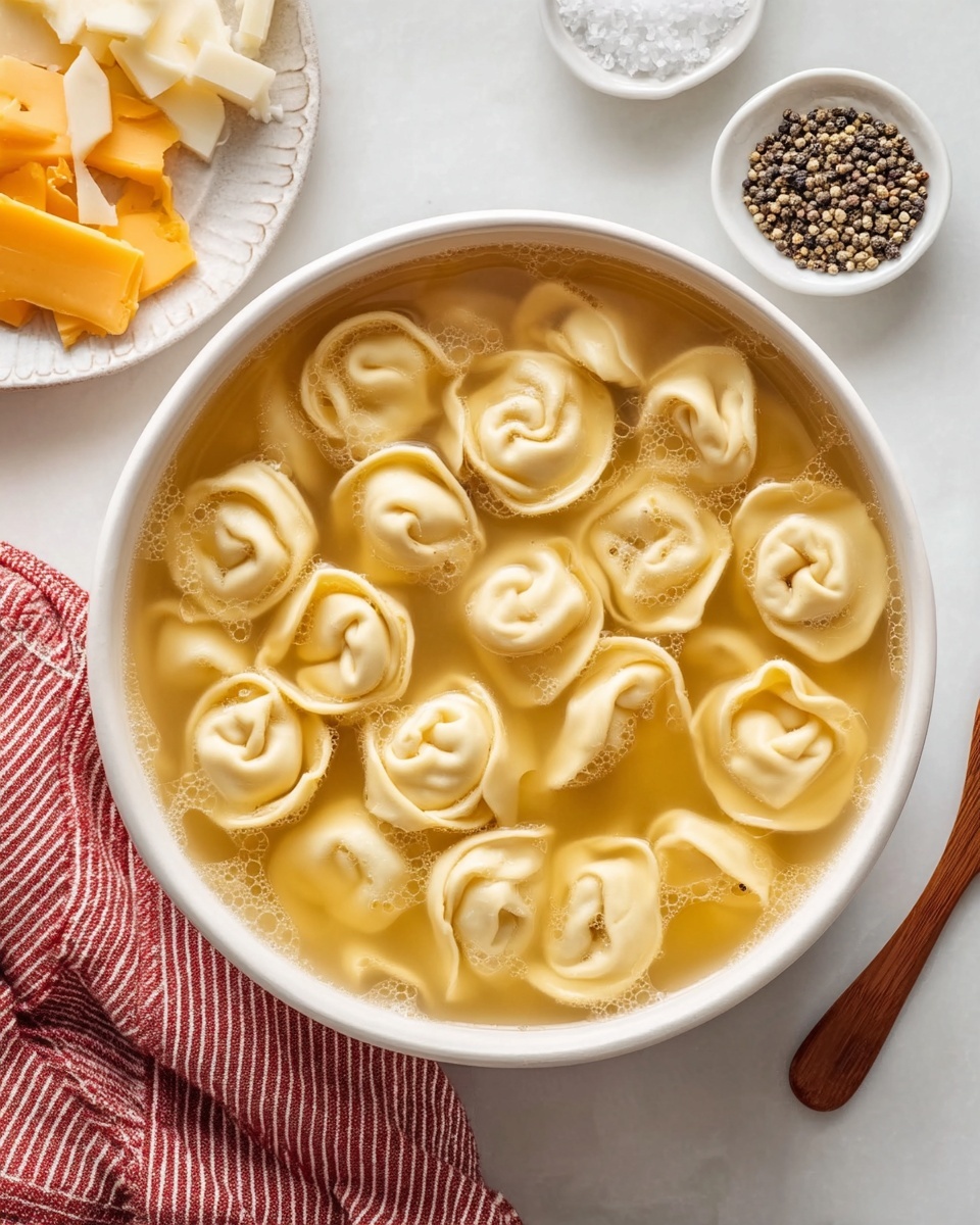 A white bowl filled with light yellow broth holding many light beige tortellini floating evenly on the surface, each tortellini showing smooth, soft edges and folded shapes. Around the bowl, there are small white ceramic dishes with black and white peppercorns and coarse salt, placed on a white marbled surface. A white plate with slices of orange cheddar cheese and white cheese appears on the side, and a wooden spoon handle is partially visible at the bottom. A red and white striped cloth is on the left edge of the image. Photo taken with an iphone --ar 4:5 --v 7