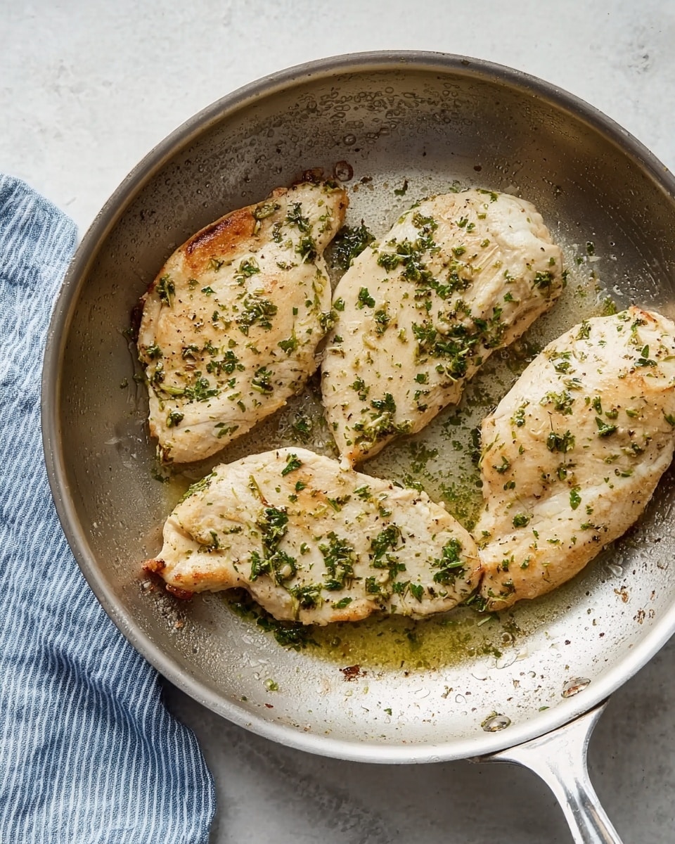 A silver frying pan holds four pieces of light beige cooked chicken seasoned with finely chopped green herbs scattered unevenly on top. The chicken pieces vary in shape and size, with some thicker and slightly browned edges. The pan surface has a slight oily sheen and small browned spots where the meat cooked. The pan rests on a white marbled textured surface, with a folded blue and white striped cloth partially visible on the left side. photo taken with an iphone --ar 4:5 --v 7