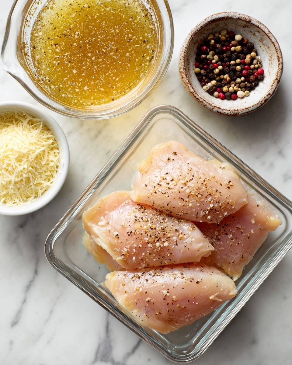 The image shows a clear glass square dish placed on a white marbled surface, holding four raw chicken pieces sprinkled lightly with salt and black pepper, giving the meat a slightly speckled look. Above the dish is a clear glass measuring cup filled with a light brown Italian salad dressing, its liquid surface glossy and textured with tiny bubbles. To the lower left of the dish is a small white bowl filled with finely grated Parmesan cheese, showing a pale yellow, granular texture. To the lower right is a small rustic bowl with a mix of coarse salt and whole peppercorns, including black, white, and red peppercorns, contrasting on the rough surface of the bowl. The overall scene is neat, bright, and well-lit. photo taken with an iphone --ar 4:5 --v 7