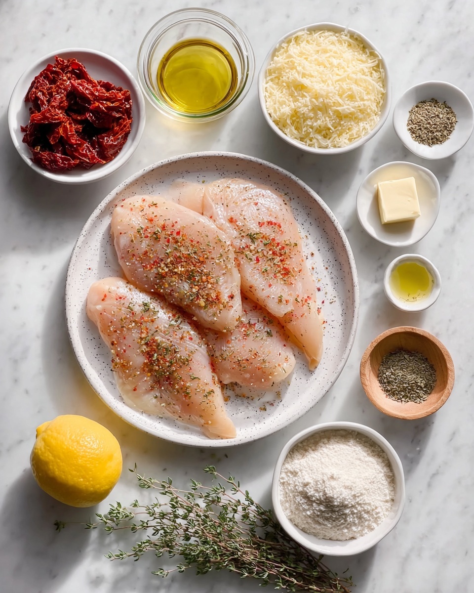 The image shows a white speckled plate with four thin raw chicken fillets seasoned with black pepper and dried herbs, placed near the center. Around the plate on a white marbled surface are small white bowls and containers holding various ingredients: a bowl of sun-dried tomatoes, a bowl of grated Parmesan cheese, a halved lemon, a small jar of cream, a small bowl with a square of butter, a small bowl of olive oil, a small wooden bowl with salt and black pepper mixed, a small bowl of flour, and a small bowl of minced garlic. There is also a small bunch of fresh green thyme sprigs near the bottom right. Photo taken with an iphone --ar 4:5 --v 7