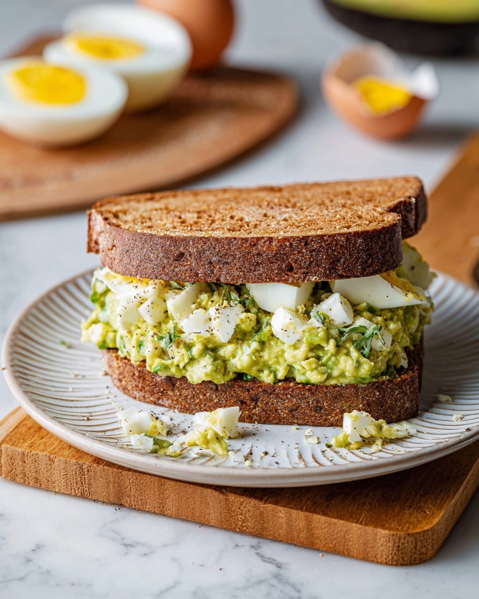 The image shows a top view of several ingredients arranged on a white marbled surface. There are three brown eggs near the bottom left, and one of the eggs is peeled and cut in half on a small wooden board with a knife beside it. Above them is a whole dark green avocado and two avocado halves, one with a seed and one without, showing the smooth light green inside. Nearby, there is a small white bowl filled with black peppercorns on the left, and a larger white bowl of thick white Greek yogurt with a wooden spoon in it at the center top. On the top right, a white bowl contains chopped green scallions, some scattered on the surface. Finally, a small white bowl to the right has dollop of yellow dijon mustard with a white spoon resting in it, all laid out clearly on the white marbled background photo taken with an iphone --ar 4:5 --v 7