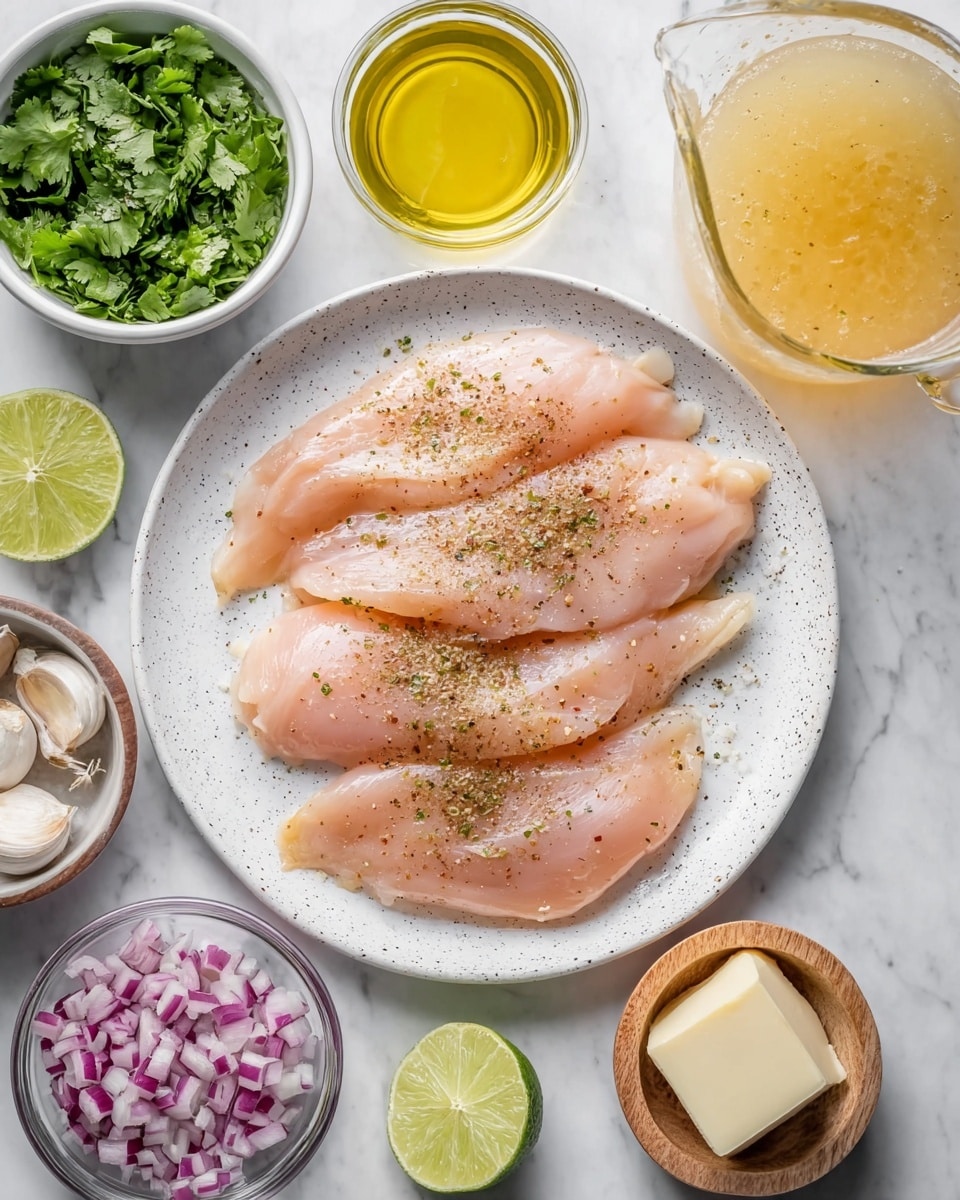 A white speckled plate holds four thin, raw chicken fillets spread out flat, each sprinkled lightly with a mix of brown and black spices. Surrounding the plate are small white bowls and containers with ingredients: bright green fresh cilantro leaves in one bowl, light yellow olive oil in another, chopped red onion pieces in a clear glass bowl, creamy white sauce in a small jar, two garlic cloves in a small wooden bowl, and a single lime next to a small bowl with a square piece of light-colored butter. In the upper right corner, a clear glass measuring cup filled with pale golden broth is partly visible. All items rest on a white marbled surface. photo taken with an iphone --ar 4:5 --v 7