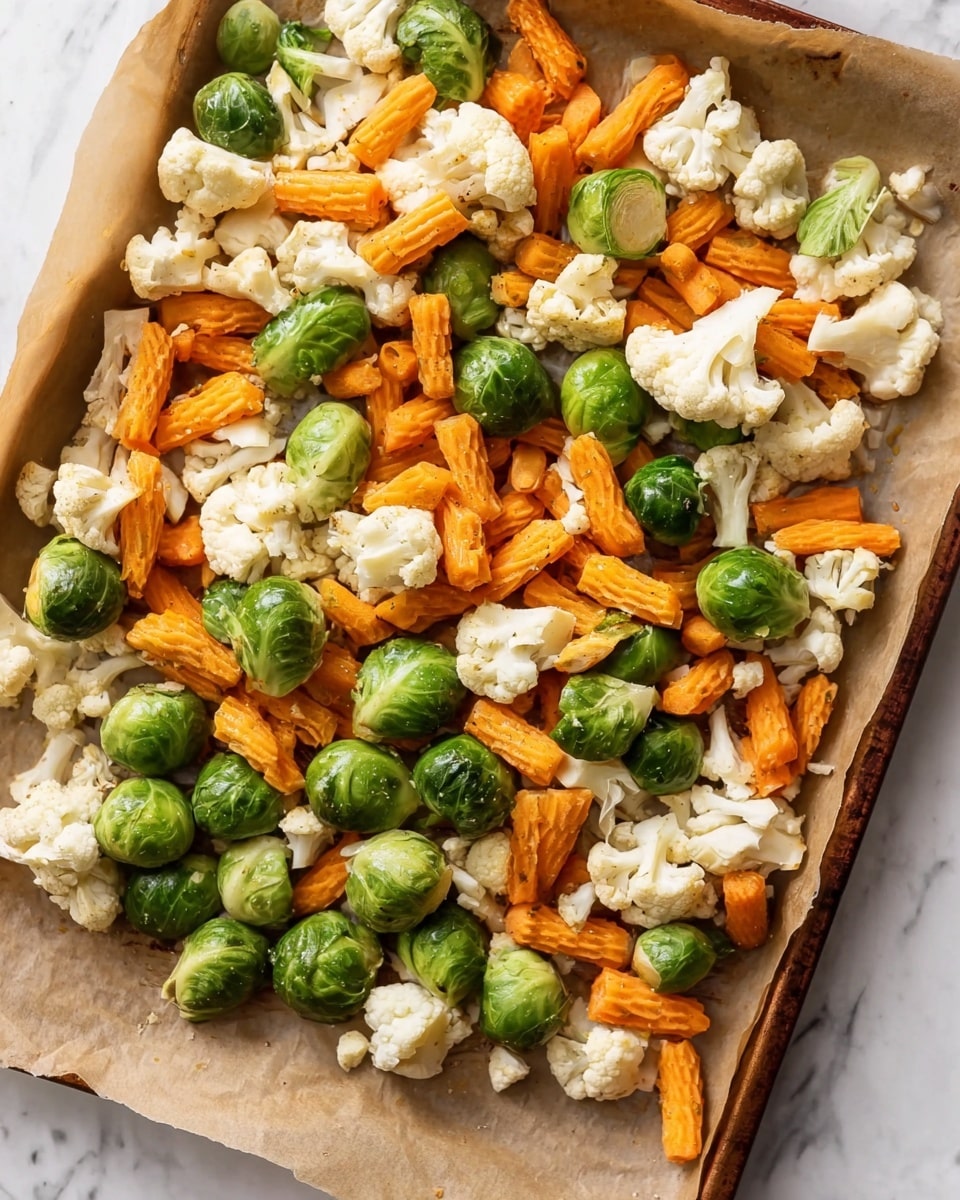 The image shows a baking tray lined with light brown parchment paper filled with three types of vegetables. The vegetables are spread out in one layer and include bright green Brussels sprouts, white cauliflower florets with a rough texture, and orange crinkle-cut carrot pieces. The carrots have ridges that add texture, while the Brussels sprouts are round and smooth with some leaves slightly separated. The cauliflower pieces are irregularly shaped with a bumpy surface. The tray is on a white marbled surface, and the vegetables look fresh and ready for roasting. photo taken with an iphone --ar 4:5 --v 7
