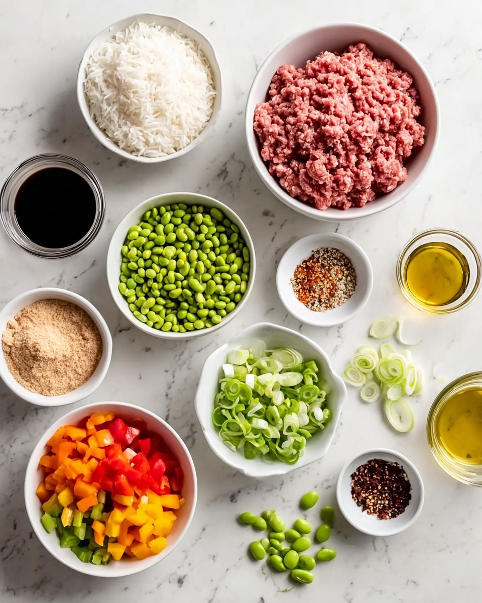 The image shows a top view of various ingredients placed neatly in white bowls on a white marbled surface. There is one bowl with pink raw ground meat, another with white cooked rice, and a bowl filled with small green edamame beans. A bowl contains a colorful mix of red, orange, and yellow diced bell peppers. Small white bowls hold chopped white garlic, light brown brown sugar, and a creamy beige powder. Two small glass containers hold dark brown soy sauce and golden oil. Additional small white bowls contain black pepper seeds, red chili flakes, and white sesame seeds. Thinly sliced green onions and shelled green edamame beans are also spaced out on the surface. The overall scene looks clean and organized, with bright, fresh colors photo taken with an iphone --ar 4:5 --v 7