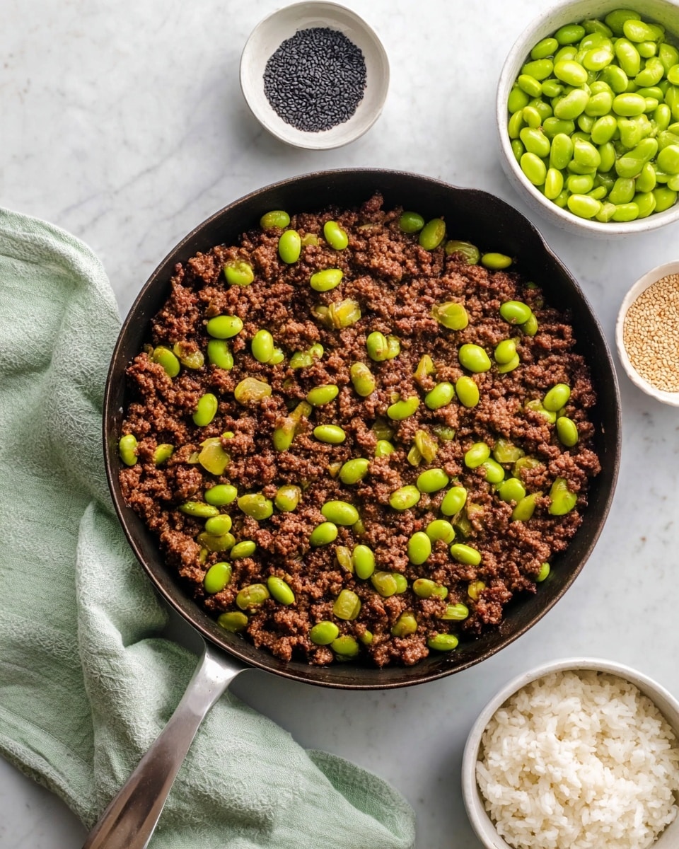 A round black skillet holds a cooked ground meat layer with a dark brown, slightly crispy texture, mixed with bright green edamame scattered evenly on top. Around the skillet, there are three white bowls: one filled with plain white rice, another with shelled bright green edamame, and a smaller one with light tan sesame seeds. In the top left, a small white bowl with black seeds is also visible. The whole setup is on a white marbled surface with a light green cloth partially under the skillet’s handle. Photo taken with an iphone --ar 4:5 --v 7