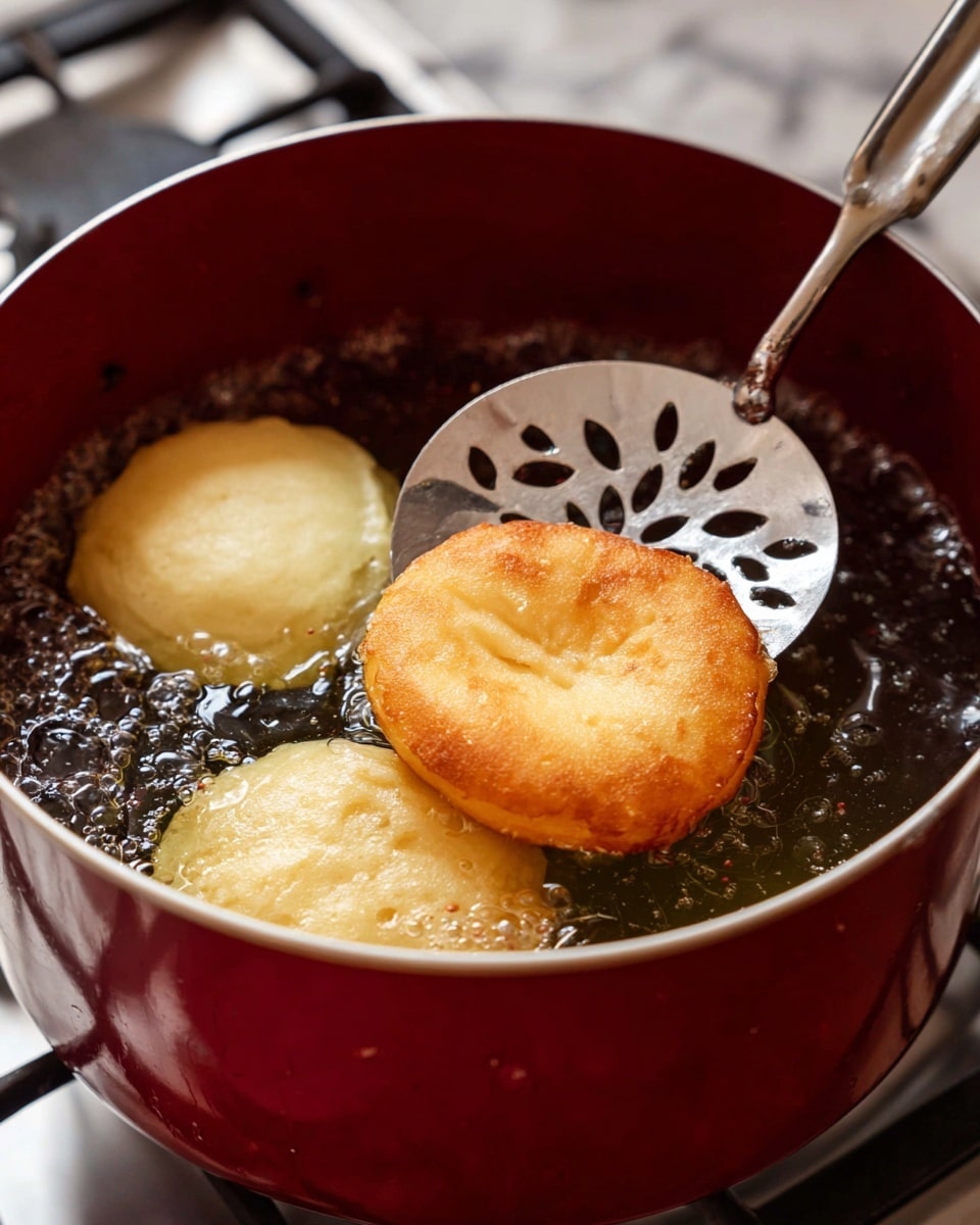 In a deep red pot filled with bubbling hot oil, there are two round dough pieces frying. One dough piece is light yellow and soft, floating on the left side, while the other stack on the right side shows two golden brown fried rounds, crispy-looking and slightly shiny with tiny bubbles on the surface. A metal slotted spatula with a flower-shaped pattern is lifting the golden rounds. The background shows a blurred stove top with a white marbled texture below. Photo taken with an iphone --ar 4:5 --v 7