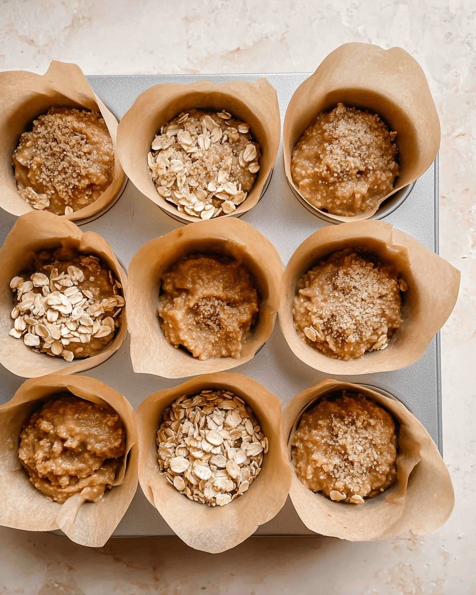 The image shows nine muffin cups lined with light brown parchment paper filled with thick, light brown batter. Some muffin cups have a topping of rolled oats scattered on top, while others have a sprinkle of light brown sugar crystals. The batter looks a bit lumpy and wet, filling about two-thirds of each muffin liner. The muffin tray is metal and sits on a light surface with a white marbled texture. photo taken with an iphone --ar 4:5 --v 7
