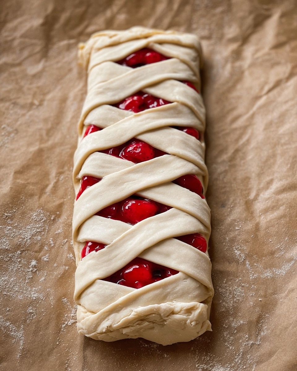 A long rectangular pastry with a braided top layer of pale, smooth dough strips crossing over each other in an alternating pattern, partially revealing a bright, glossy red cherry filling underneath; the pastry sits on a wrinkled parchment paper with a light brown color and soft texture, showing slight flour dusting on the dough edges; the braid wraps evenly with visible folds and a few small gaps where the cherry filling peeks through, creating a vibrant contrast between the creamy dough and shiny red fruit filling; photo taken with an iphone --ar 4:5 --v 7