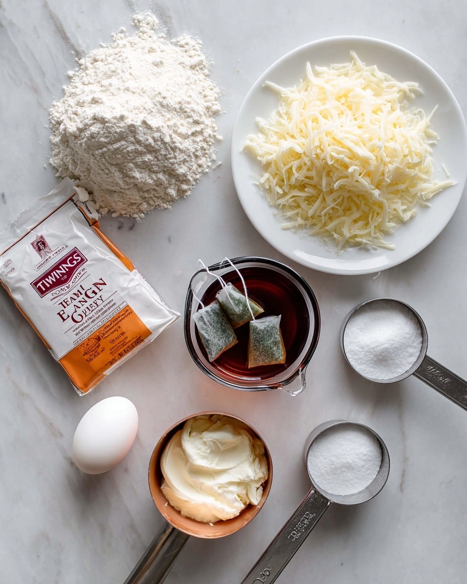 The image shows a top view of several baking ingredients arranged on a white marbled surface. On the top right is a white bowl filled with white flour. Below it, there is a white plate holding a large pile of finely shredded white cheese. In the center right, a clear glass measuring cup contains dark liquid with three tea bags steeping in it, each with a tag string hanging over the edge. To the bottom left of the measuring cup is a single white egg. Below the egg is a copper measuring cup filled and level with smooth white cream cheese. Above the egg and next to the measuring cup is an orange packet of Twinings Earl Grey tea. Above the tea packet are two metal measuring cups, one filled with white granulated sugar and the other smaller with white baking powder. The photo taken with an iphone --ar 4:5 --v 7