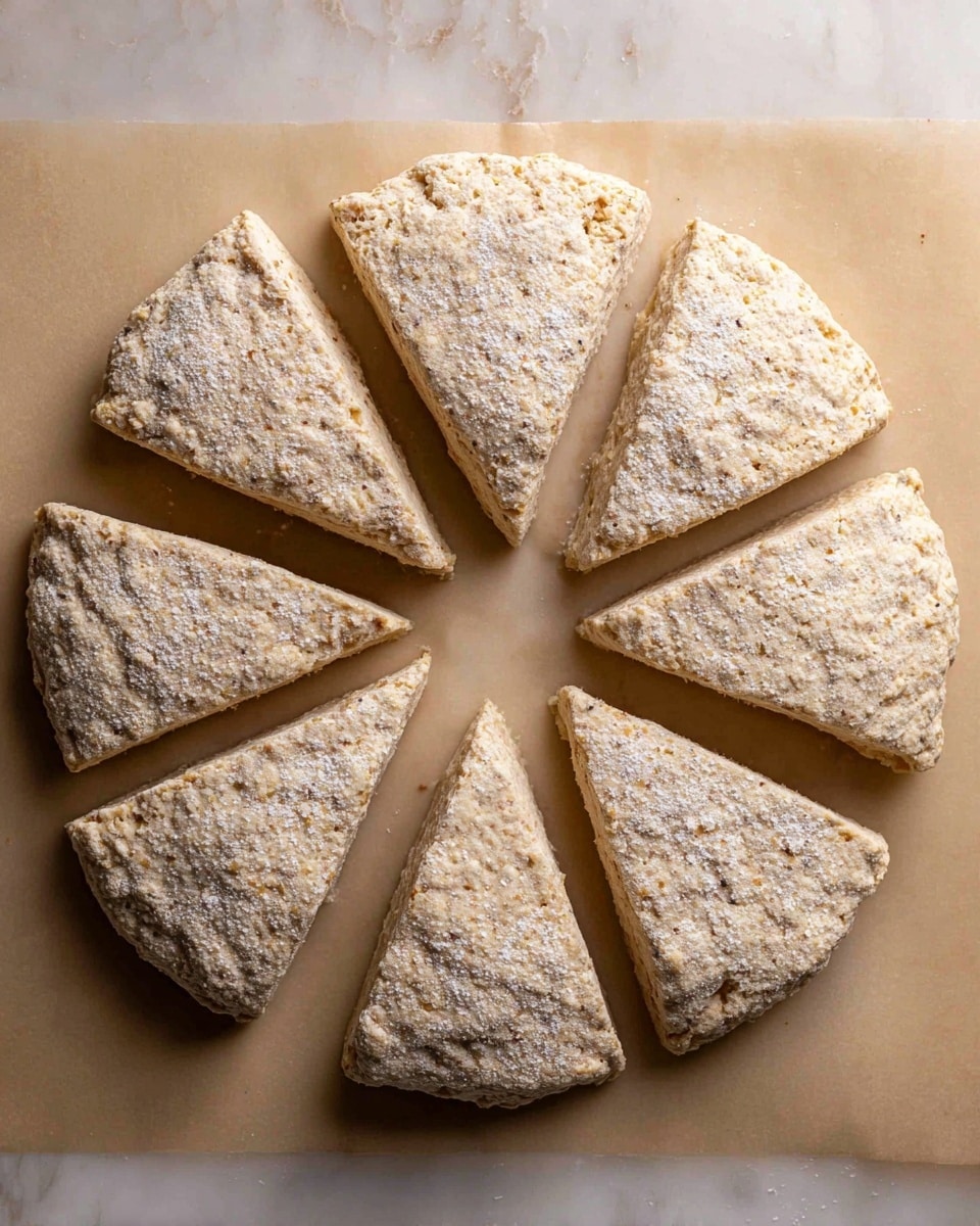 Eight triangular scones arranged in a circle on light brown parchment paper placed on a white marbled surface. Each scone is beige with a slightly rough and crumbly textured top sprinkled lightly with flour. The scones have visible small specks throughout, indicating added ingredients like seeds or grains. The scones are thick and evenly sized, with straight edges and slightly rounded tips, creating a balanced radial pattern. Photo taken with an iphone --ar 4:5 --v 7