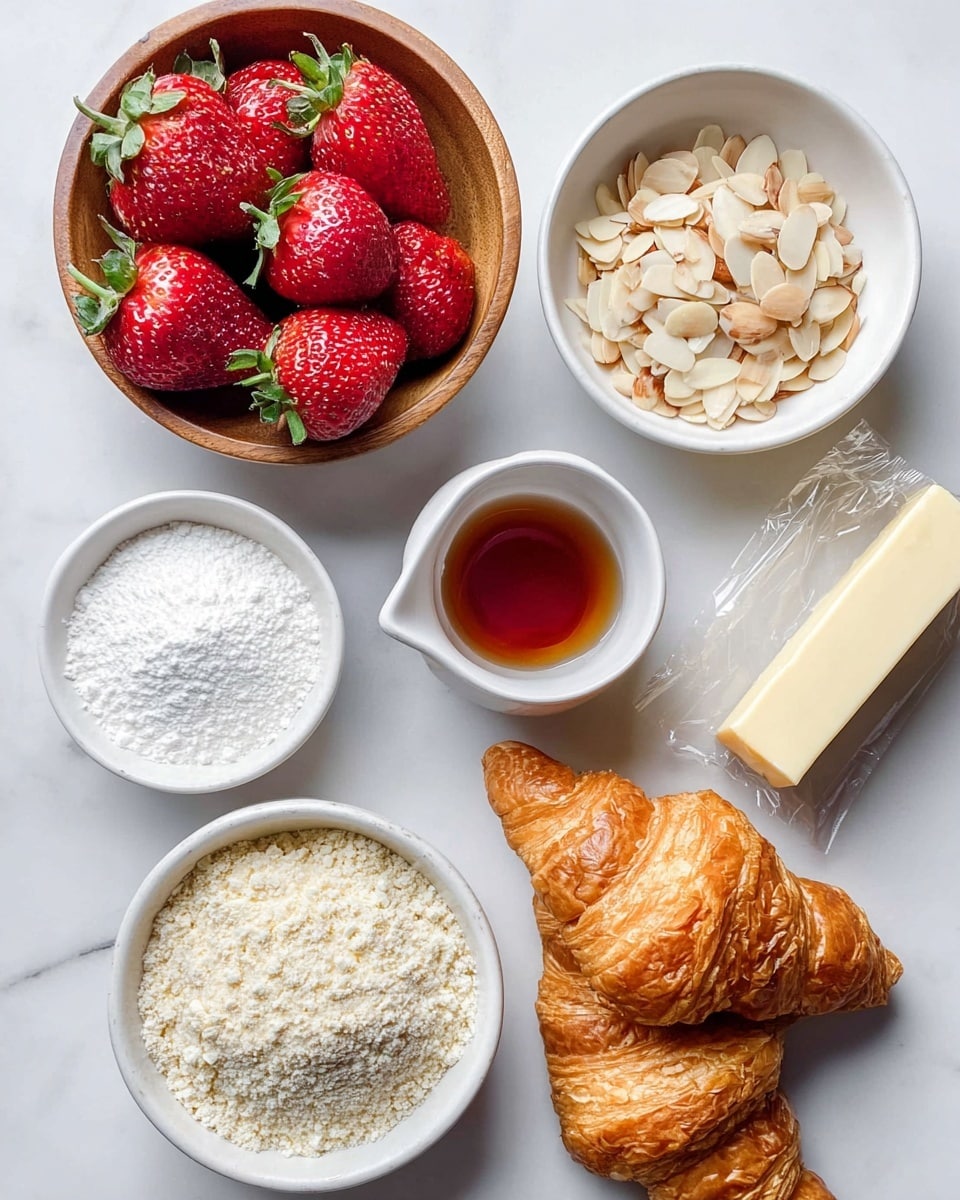 The image shows cooking ingredients placed on a white marbled surface. There is a small white bowl filled with sliced almonds at the top right, and a small ceramic cup with a dark amber syrup just below it. To the left, a wooden bowl holds five large, bright red strawberries with green leafy tops. Below the bowl of strawberries is a white bowl filled with white powdered sugar. Near the bottom center is another white bowl filled with fine almond flour. On the right side, two golden-brown croissants with flaky texture lie next to a stick of unsalted butter in wrapping. The layout is clean and organized, showing each ingredient clearly. Photo taken with an iphone --ar 4:5 --v 7