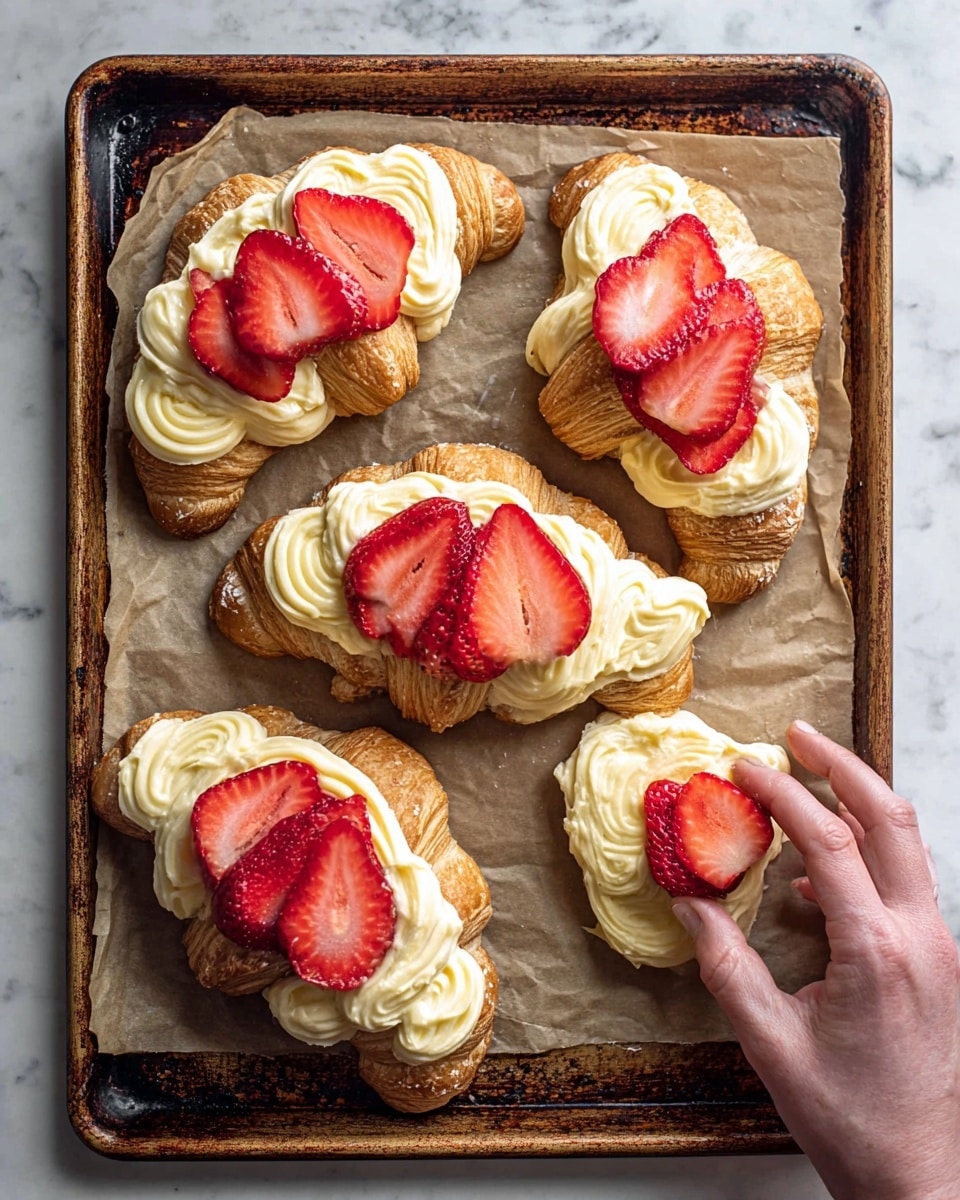 There are four bagel halves on a worn baking tray lined with crumpled brown parchment paper. Each bagel half has a thick layer of creamy light yellow spread, piped in textured swirls, covering the surface. On top of three bagels, there are bright red strawberry slices evenly placed, showing juicy and fresh texture. A woman's hand is gently placing a strawberry slice on the bottom right bagel. The background is a white marbled texture. photo taken with an iphone --ar 4:5 --v 7