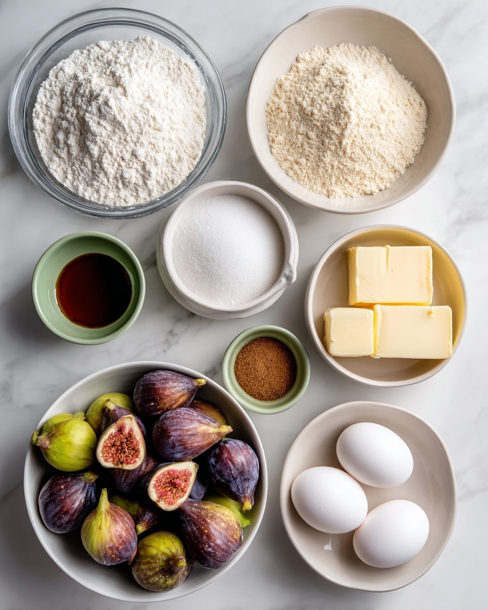 The image shows eight different baking ingredients arranged neatly on a white marbled surface. At the top left, there is a glass bowl filled with white flour, next to a white bowl with light beige almond flour. Below the flour bowl, a small ceramic container holds white baking powder. At the center left, a white bowl is filled with many fresh figs in shades of purple, green, and brown. To the right, another white bowl contains both brown and white sugar side by side, each clearly separated. Below this, two sticks of unsalted butter with yellow wrappers are placed next to each other. At the bottom left, a small green ceramic bowl holds dark vanilla extract. Finally, near the bottom right corner, there are three white eggs arranged in a loose group. All items are clean and evenly spaced. photo taken with an iphone --ar 4:5 --v 7