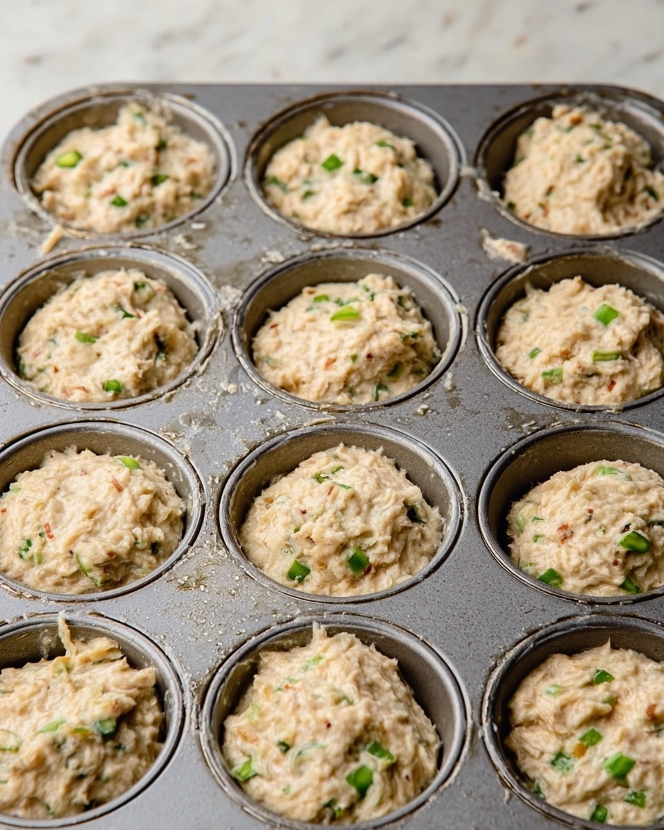 The image shows a close-up of a gray metal muffin tray filled with a creamy, pale-colored mixture that has small bits of green herbs and vegetables mixed throughout. Each cup in the tray is almost full with this thick, textured mixture that has a slightly uneven, rough surface. Some green pieces, possibly scallions, add small pops of color around the otherwise light beige mix. The tray sits on a white marbled textured surface. photo taken with an iphone --ar 4:5 --v 7